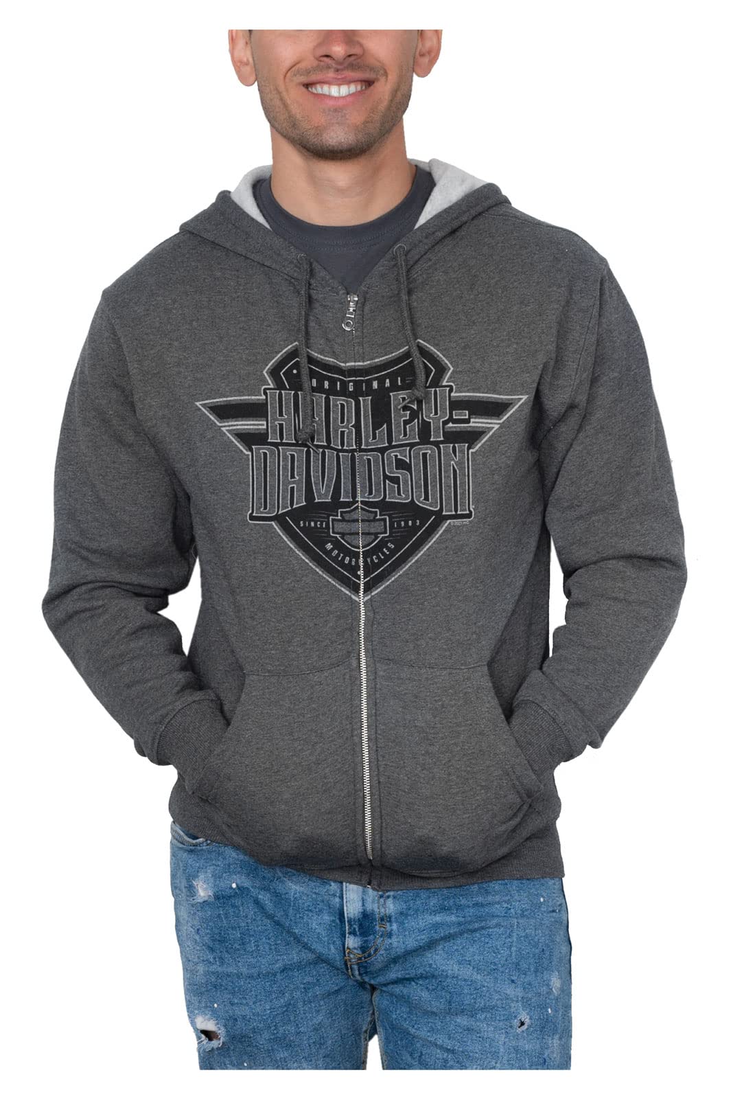 Harley-Davidson Men's Zip-Up Fleece Hooded Sweatshirt - Warm Winter Pullover for Motorcycle Riders - Casual Outdoor Wear for Men - Charcoal Grey