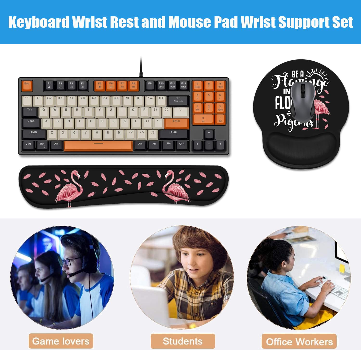 Ergonomic Keyboard Wrist Rest & Mouse Pad Set with Non-Slip PU Base - Flamingo Quote Design for Comfortable Home Office, Gaming & Studying - Perfect for Computer Workstations, Typing & Long Hours PC Use