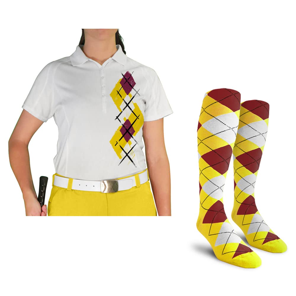 Dry Fit Short Sleeve Graphic Golf Polo Shirt with Socks for Women - Breathable Moisture-Wicking Performance Top & Comfortable Socks Set - Argyle Paradise Design (Sizes 5A-5Z) - Perfect for Golf, Tennis, Casual Wear & Outdoor Activities