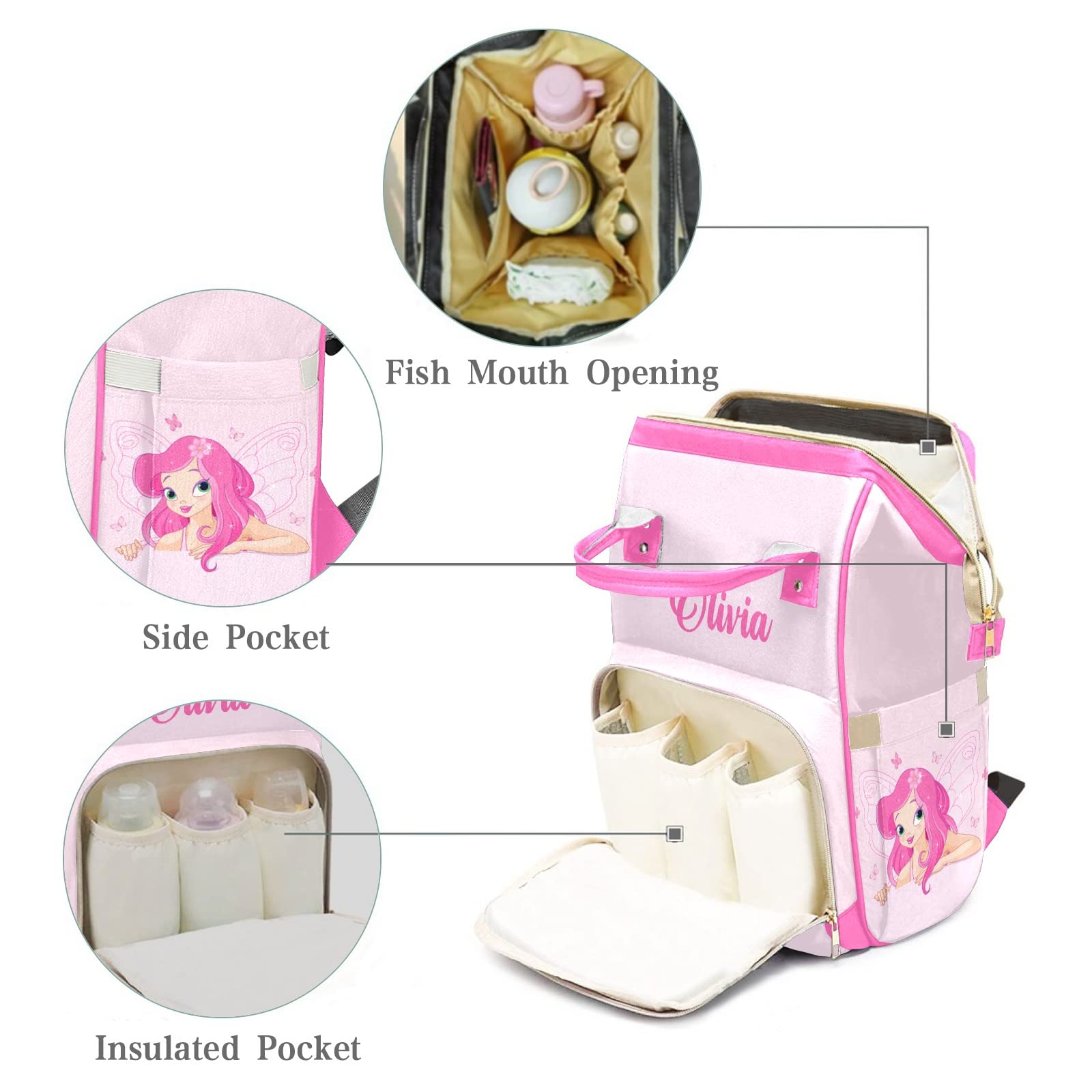 Custom Personalized Diaper Bag Backpack Tote - Princess Fairy Pink Baby Shower Gift for New Moms | Perfect for Travel, Daycare & On-the-Go Parenting