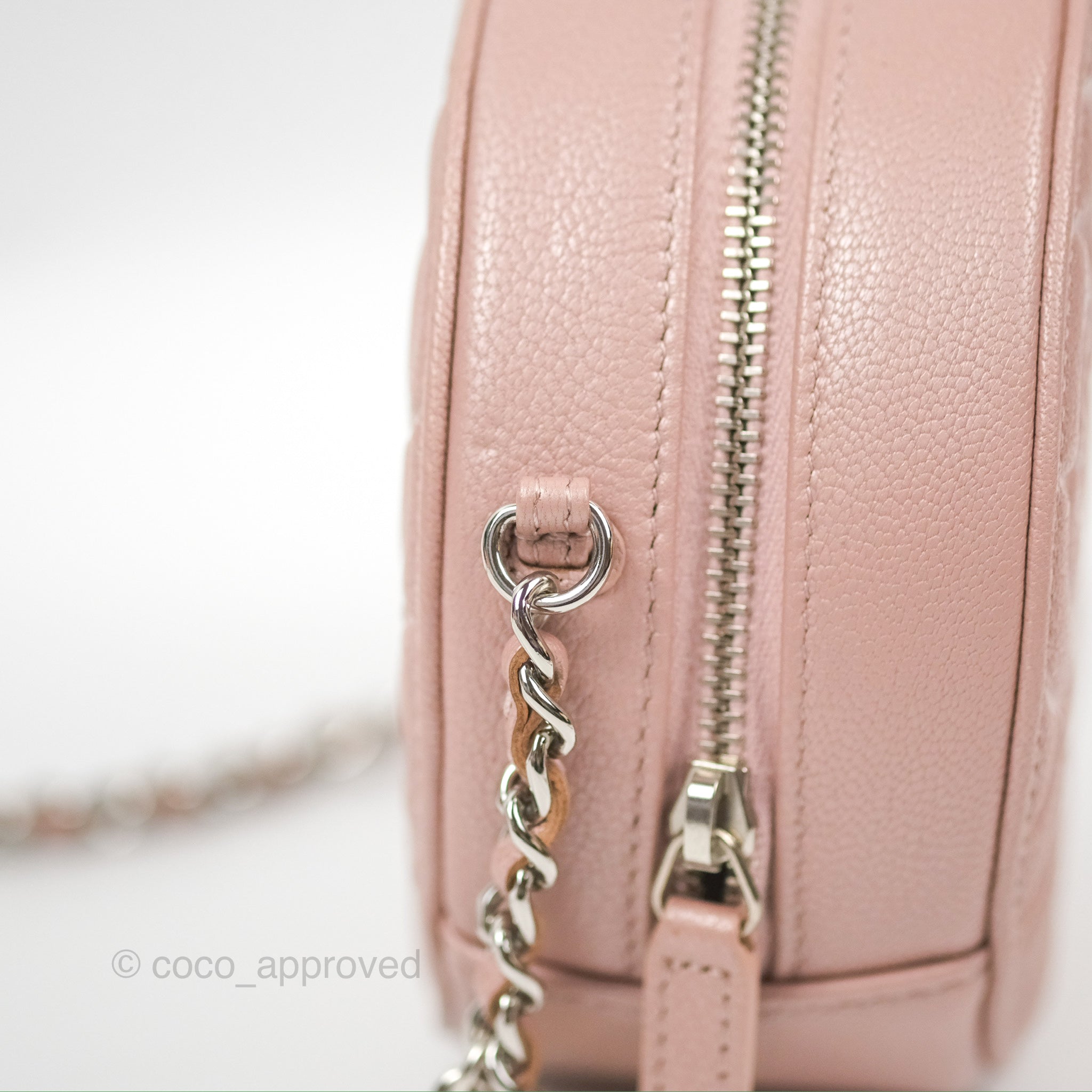 Chanel Camellia Embossed Round Clutch Bag with Chain - Iridescent Light Pink Goatskin Leather & Silver Hardware | Evening Party, Wedding, Special Occasion Accessory