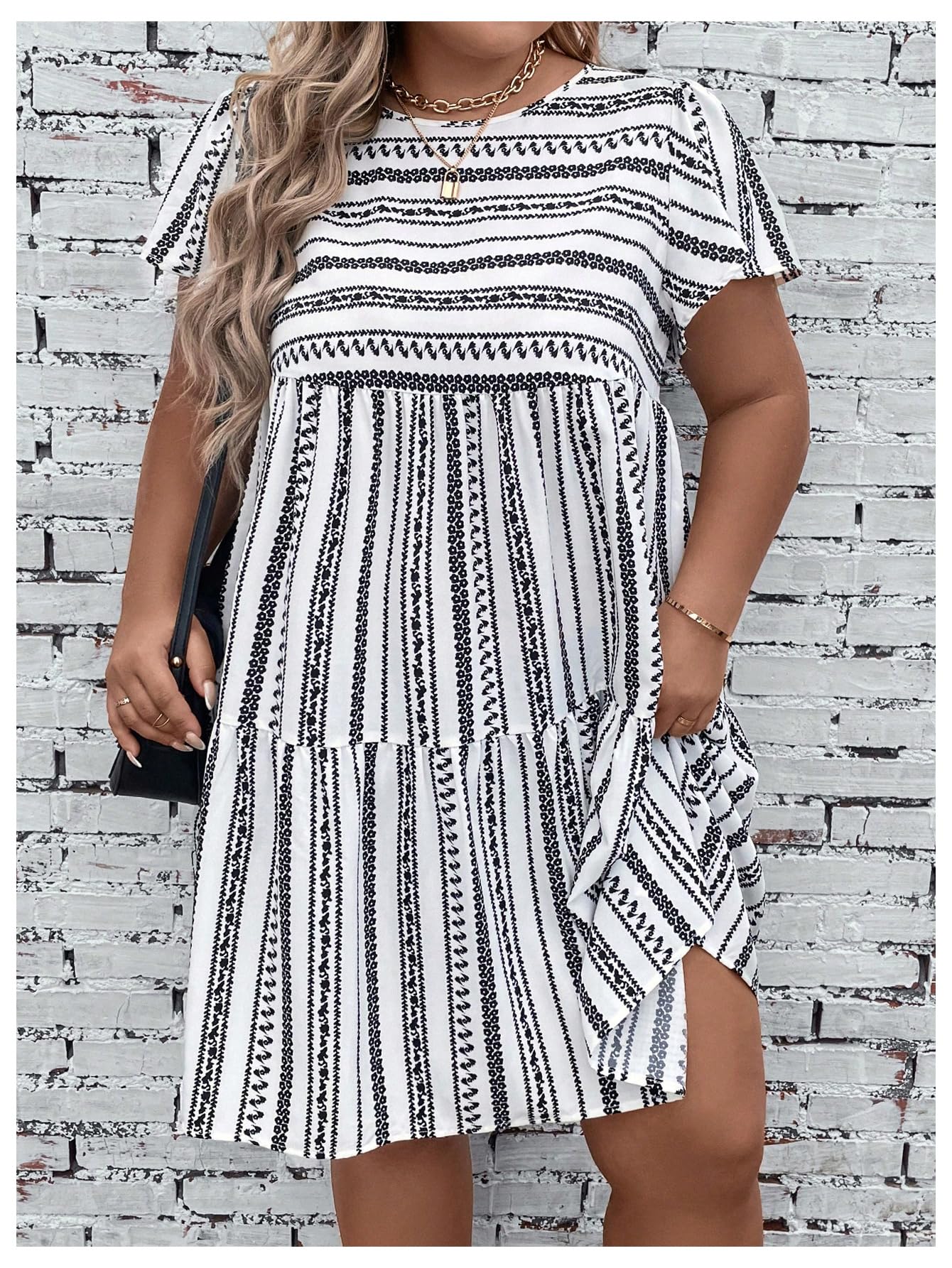 **Plus Size Striped Midi Dress for Women - Flounce Hem, High Waist, Round Neck & Short Sleeve - Perfect for Casual Outings, Office Wear & Summer Vacations**