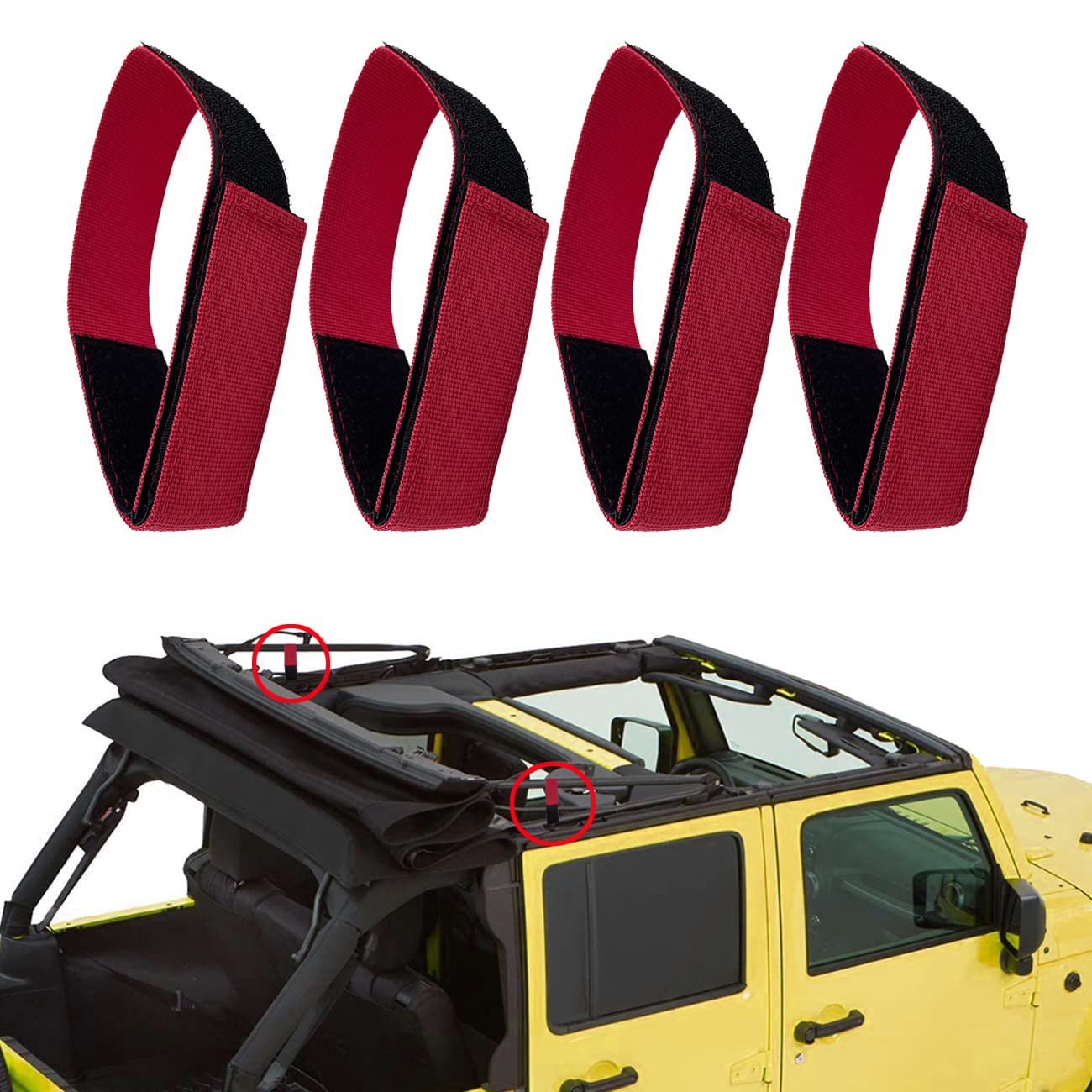 Heavy Duty Jeep Soft Top Tie Down Straps & Rear Window Roll Up Straps for Wrangler JK JKU JL JLU - Red (4 Pack) | Secure Storage & Off-Road Adventure Accessories