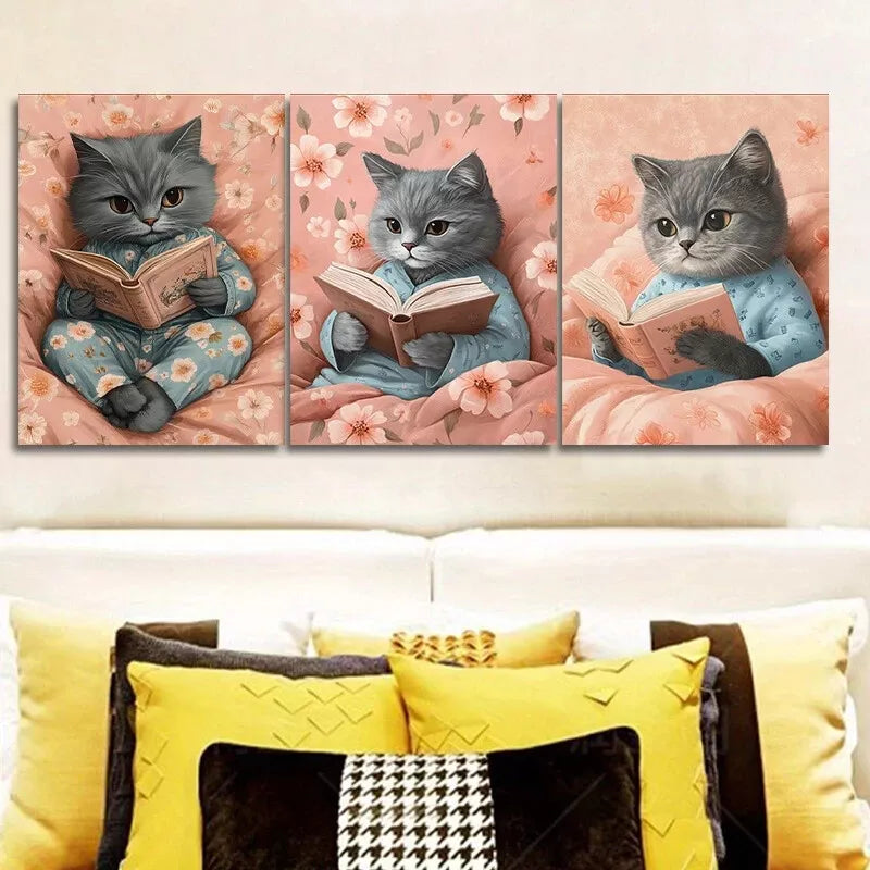 3-Piece Cat Reading Wall Art Set - Framed Canvas 50x70cm (20x28in) | High Quality Print | 100% Australian Made | Ready to Hang | Perfect for Living Room, Bedroom & Office Decor