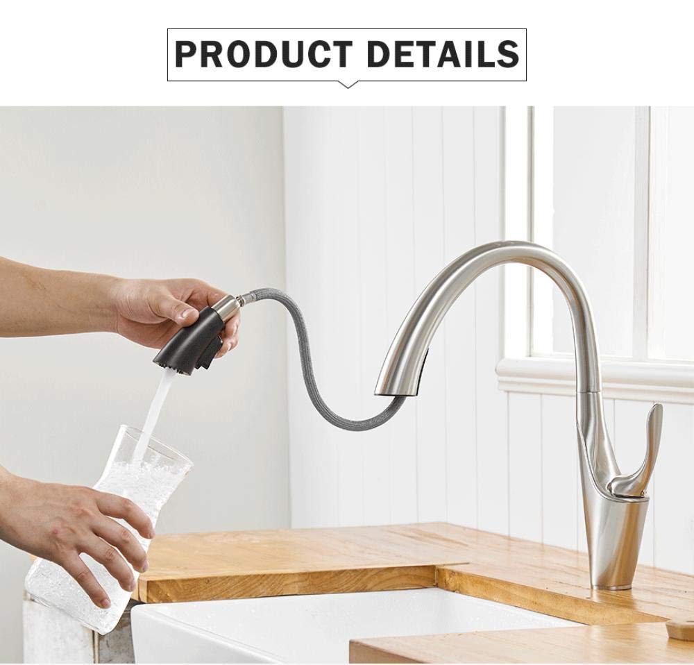 360° Rotating Pull Out Kitchen Faucet with Single Handle - Brushed Nickel Finish Brass Mixer Tap for Sink | Perfect for Washing Dishes, Filling Pots & Cleaning Vegetables