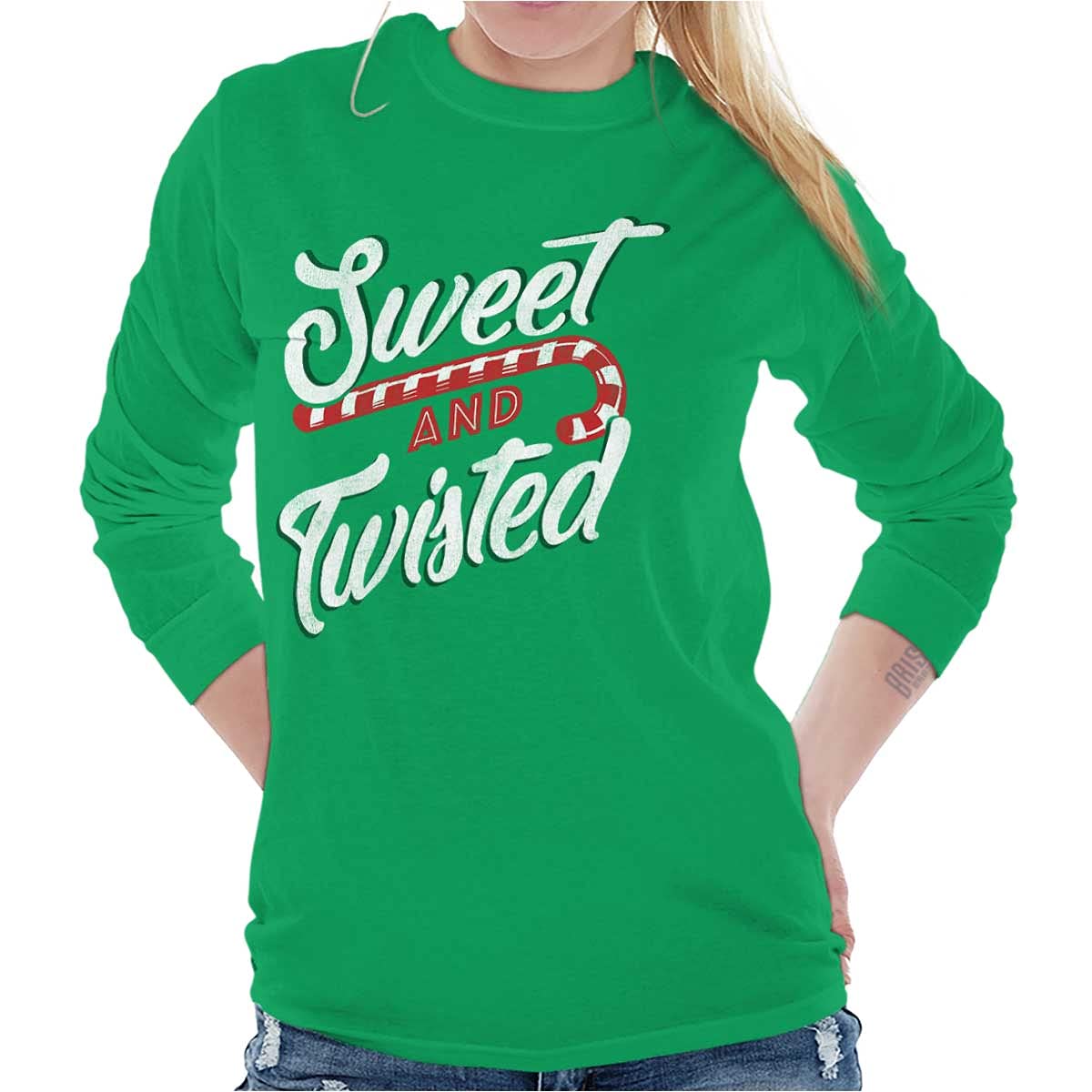 Festive Sweet Twisted Christmas Candy Cane Print Women's Long Sleeve T-Shirt - Holiday Party, Gift Exchange & Ugly Sweater Contest Outfit