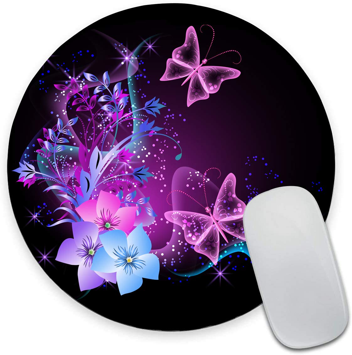 Glowing Pink Butterfly Mouse Pad with Floral Design - Non-Slip Round Rubber Gaming Mouse Mat for Office & Laptop - Waterproof Small Circular Mousepad for Work, Gaming & Home Use