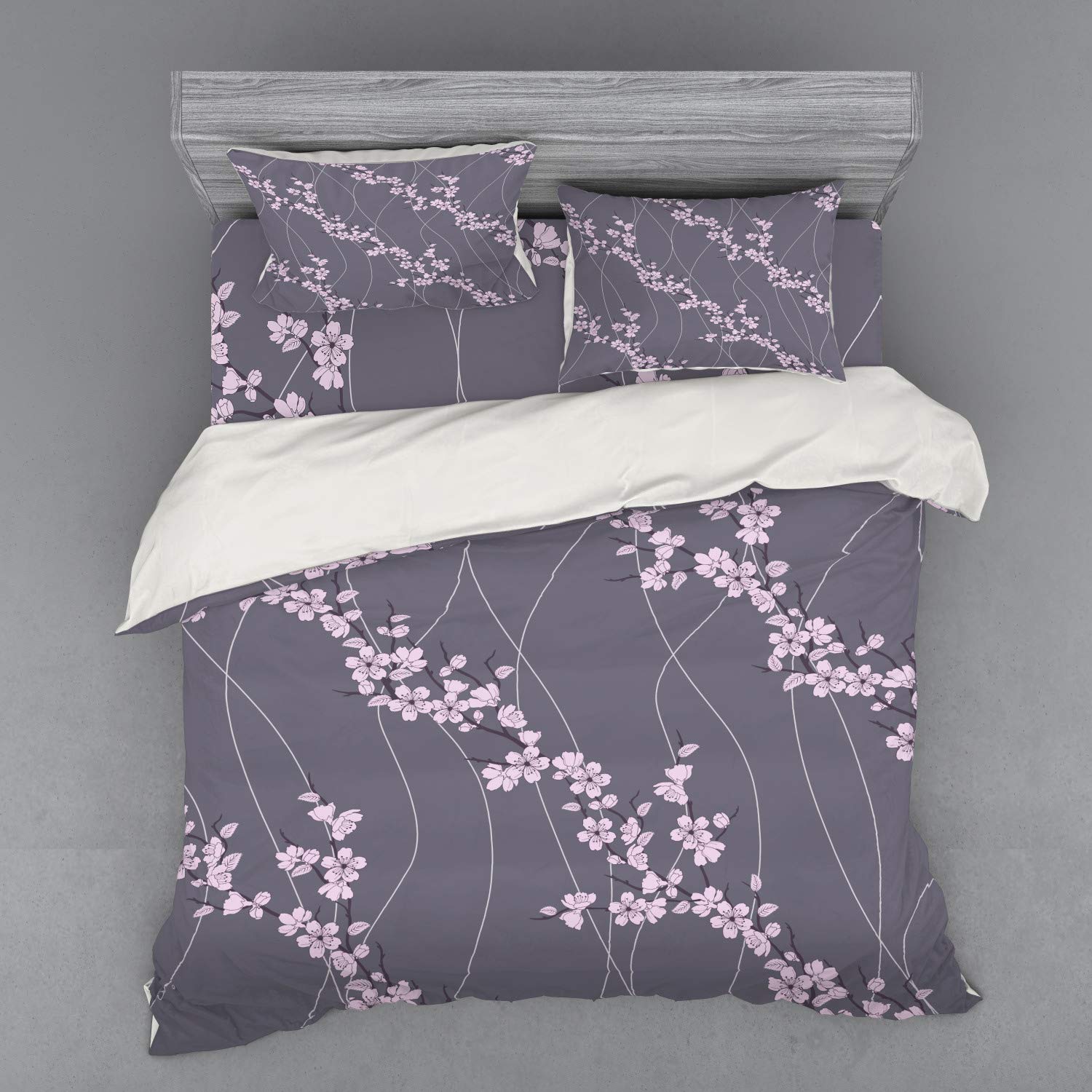 Ambesonne Floral Duvet Cover Set - King Size 4-Piece Bedding with Shams & Fitted Sheet, Japanese Sakura Blossom Design in Taupe Pale Pink for Modern Bedroom Decor | Perfect for Spring Refresh, Guest Room Makeover & Cozy Home Styling