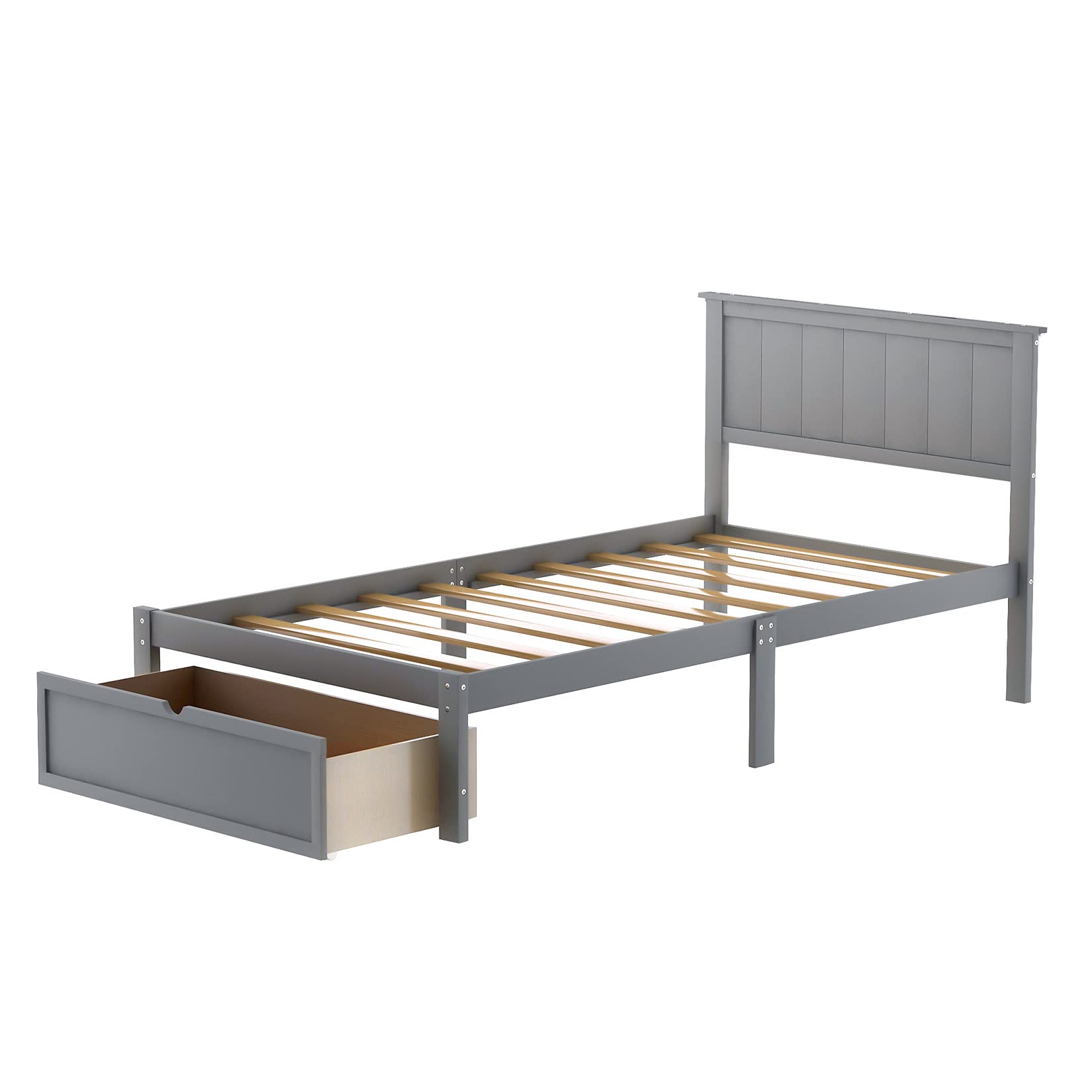 Twin Bed Frame with Headboard & Storage Drawer - Sturdy Wood Platform Bed for Kids, Teens & Adults - No Box Spring Needed - Modern Gray Finish - Perfect for Small Spaces, Guest Rooms & Dormitories