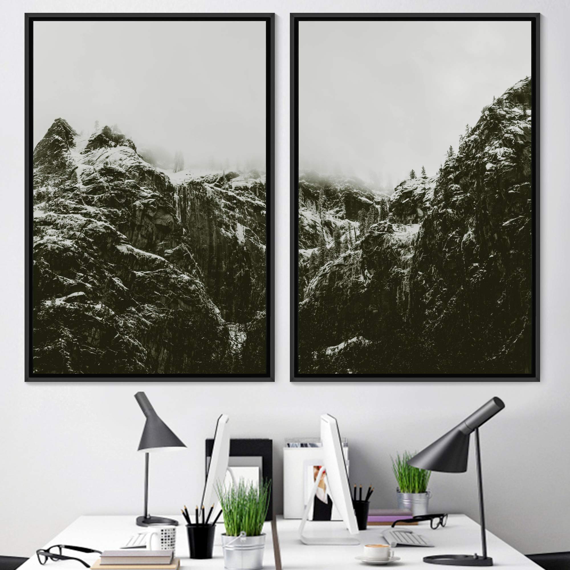 SIGNWIN 2-Panel Framed Mountain Canvas Wall Art - 24x36 Inch Modern Black & White Landscape Painting for Living Room, Bedroom, Office Decor | Perfect for Home, Apartment & Interior Design