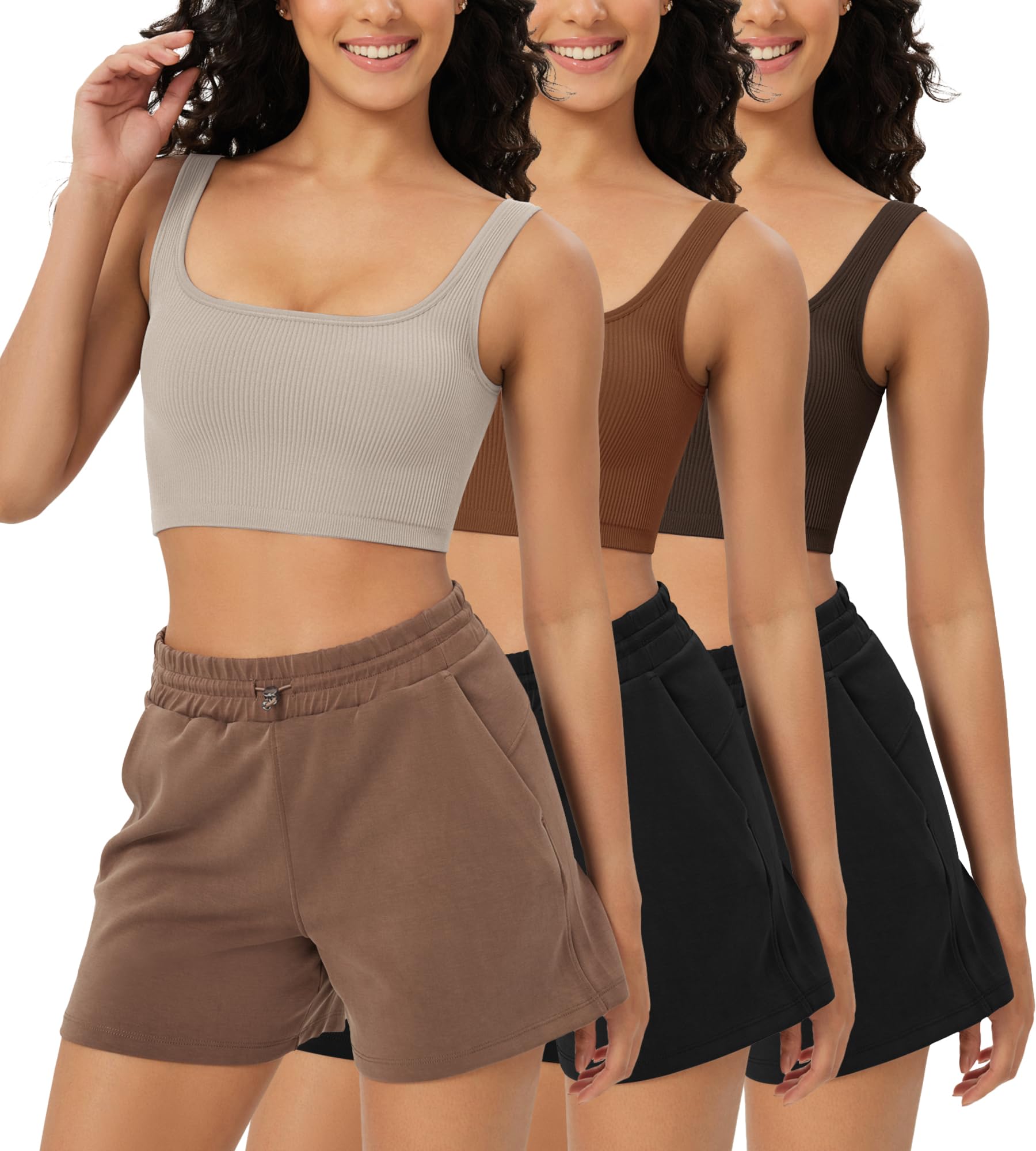 ODODOS Women's 3-Pack Seamless Square Neck Ribbed Knit Crop Tops - Soft Stretchy Low Back Summer Tank Tops for Yoga, Beach & Casual Wear