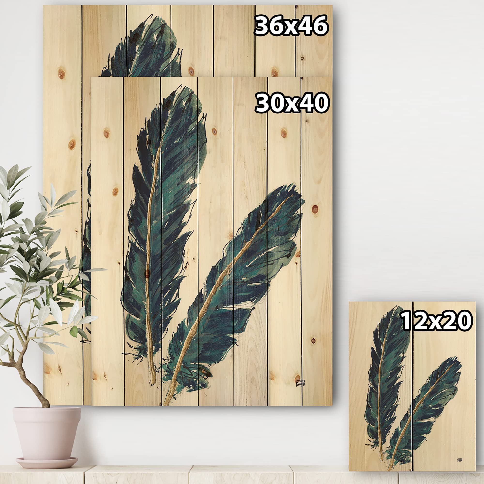 DesignQ Gold Indigo Feathers Bohemian Wood Wall Art - Handmade Pine Wood Wall Decor with Eclectic Animal Prints for Living Room, Bedroom & Office
