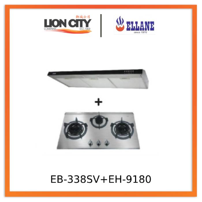 Ellane 60cm/90cm Slimline Range Hood with Black Panel EH 9180 + Ellane EB 338SV 76cm 3 Burner Gas Cooktop - Modern Kitchen Ventilation System for Home Cooking and Grilling