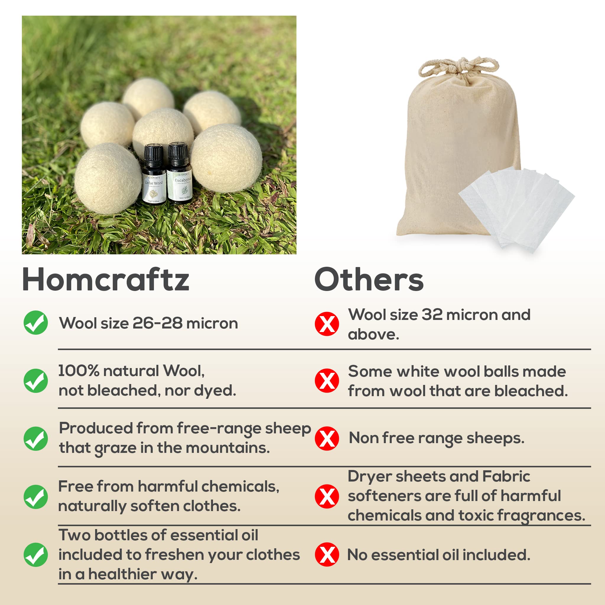 Premium Himalayan Wool Dryer Balls with Essential Oils - 6 Large Natural Fabric Softener Balls + 2 Bottles of Lavender & Eucalyptus Oil - Eco-Friendly, Reusable, Chemical-Free Laundry Solution for Faster Drying & Softer Clothes (Perfect for Baby Clothes, Towels & Sensitive Skin)