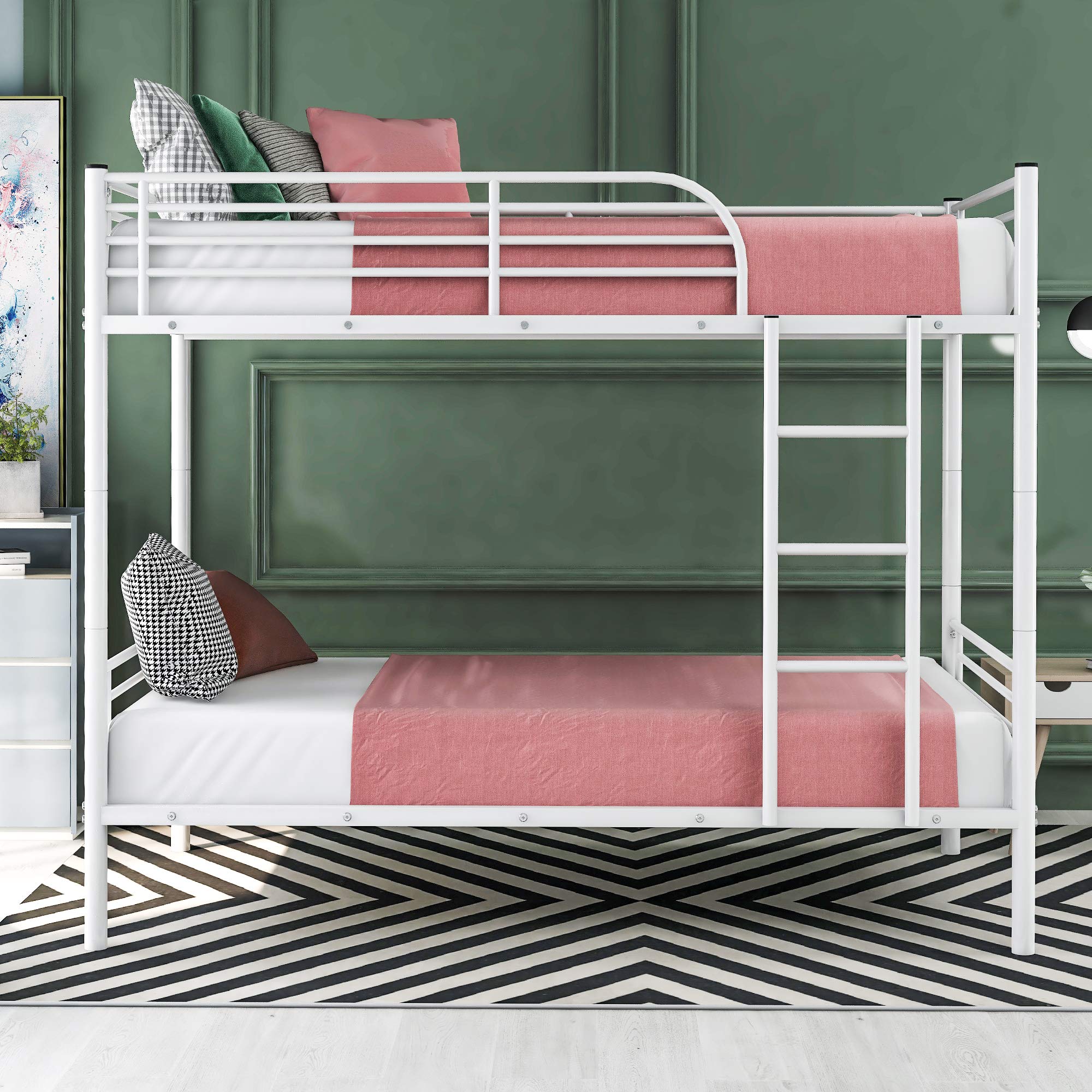 KLMM Twin Over Twin Metal Bunk Bed with Ladder & Guardrails - Convertible to 2 Separate Twin Beds for Kids, Teens & Adults (White) - Perfect for Small Bedrooms, Dorms & Shared Kids' Rooms