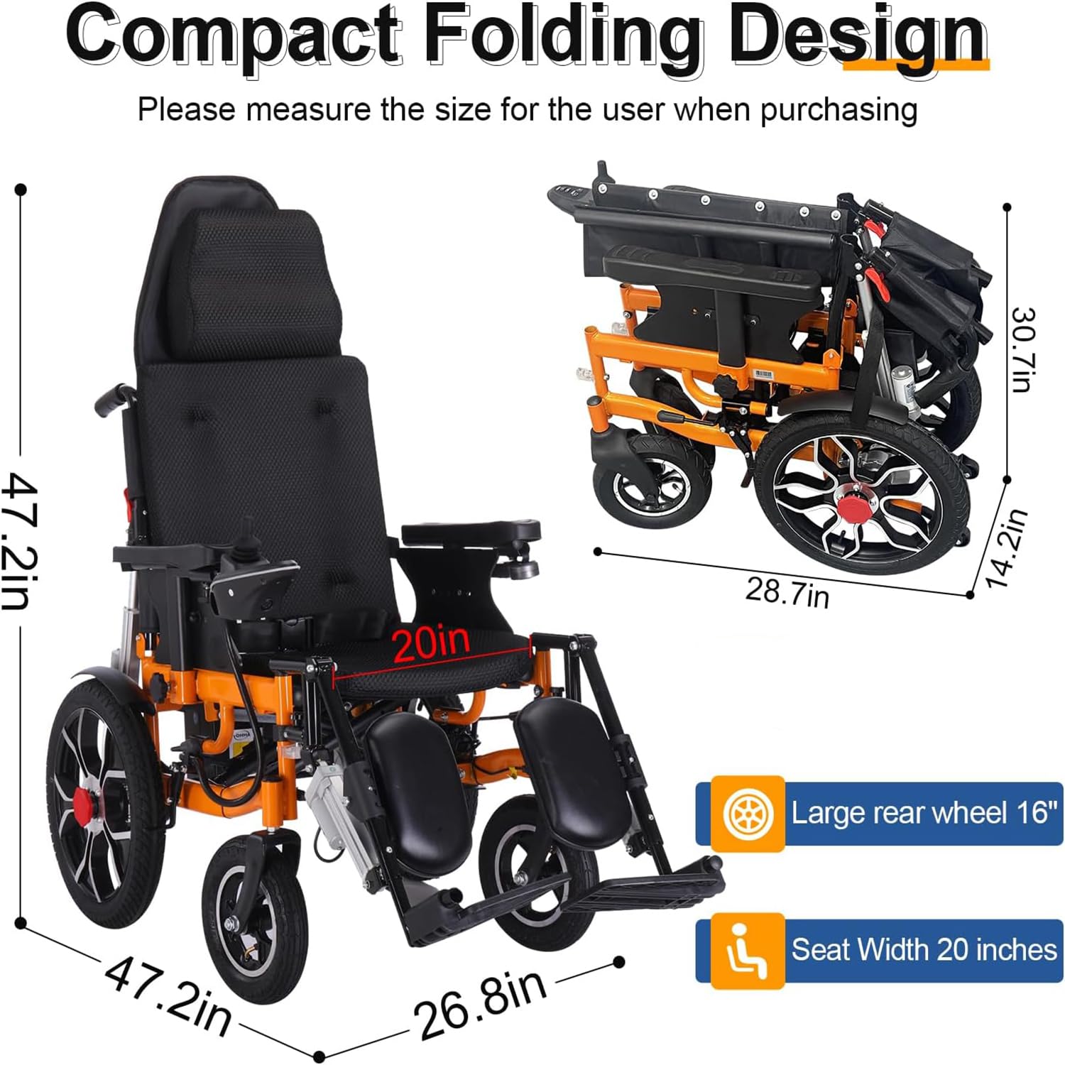 Foldable Electric Wheelchair for Adults - Lightweight Reclining Power Wheelchair with 20-Mile Range, All-Terrain Motorized Wheelchair for Seniors & Disabled (Supports 330 lbs) - Perfect for Indoor/Outdoor Use, Travel & Daily Mobility