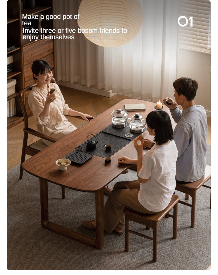 Premium Black Walnut Solid Wood Tea Table with Integrated Tray - Handcrafted Tea Serving Set for Living Room, Zen Meditation & Japanese Tea Ceremony