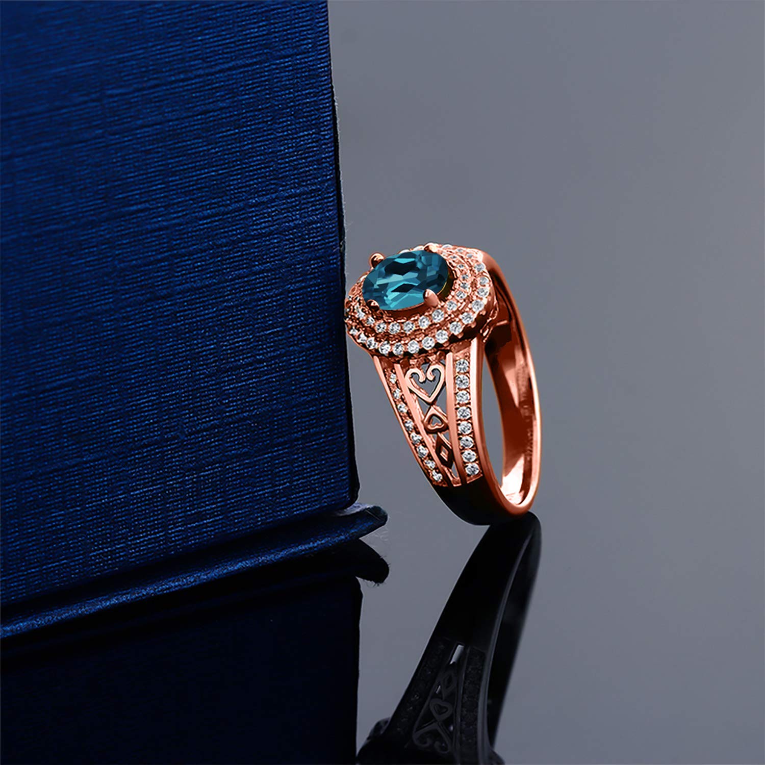 1.46 Ct Oval London Blue Topaz Ring - 18K Rose Gold Plated Sterling Silver - Gem Stone King - Elegant Jewelry for Engagement, Wedding & Special Occasions