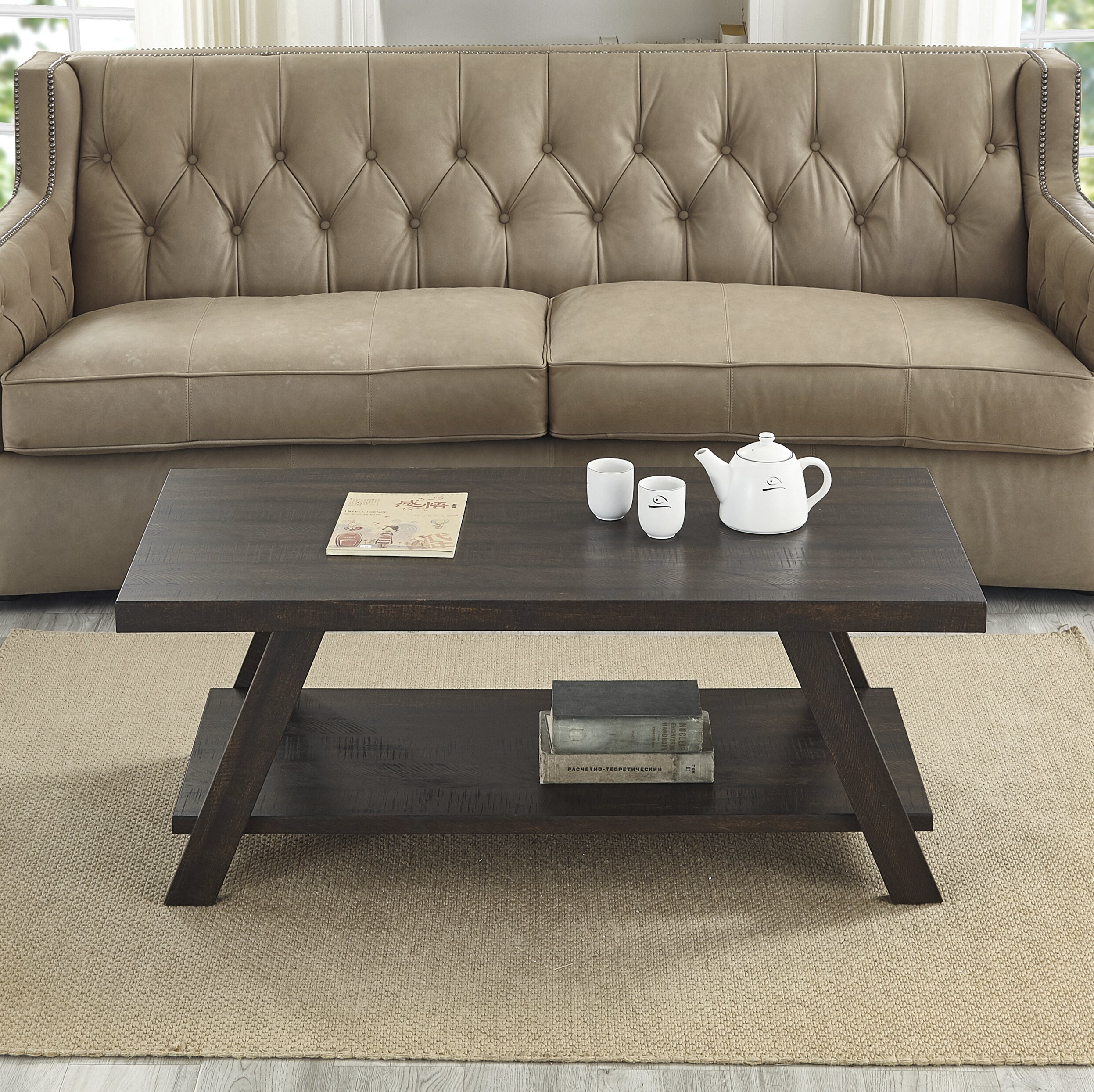 Roundhill Furniture Athens Contemporary Wood Shelf Coffee Table in Weathered Espresso - Modern Living Room Centerpiece for Home Decor & Storage