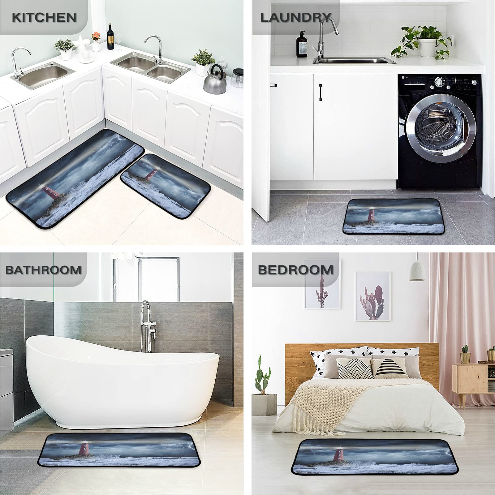 Stormy Landscape Lighthouse Non-Slip Kitchen Rugs Set - 2 Piece Absorbent Microfiber Bath Mats & Doormat Runner - 19.7
