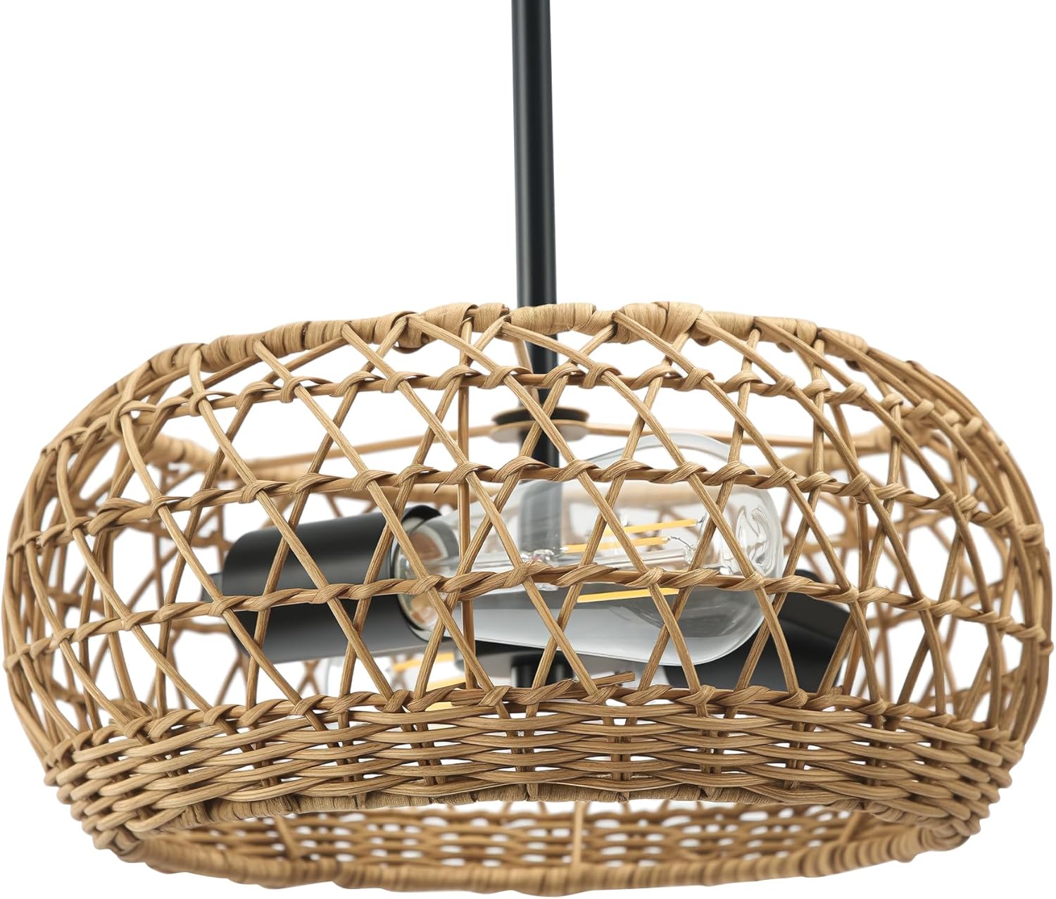Boho Rattan Chandelier - 11.8 Inch Hand Woven 2-Light Pendant Hanging Fixture for Dining Room, Bedroom & Patio Lighting