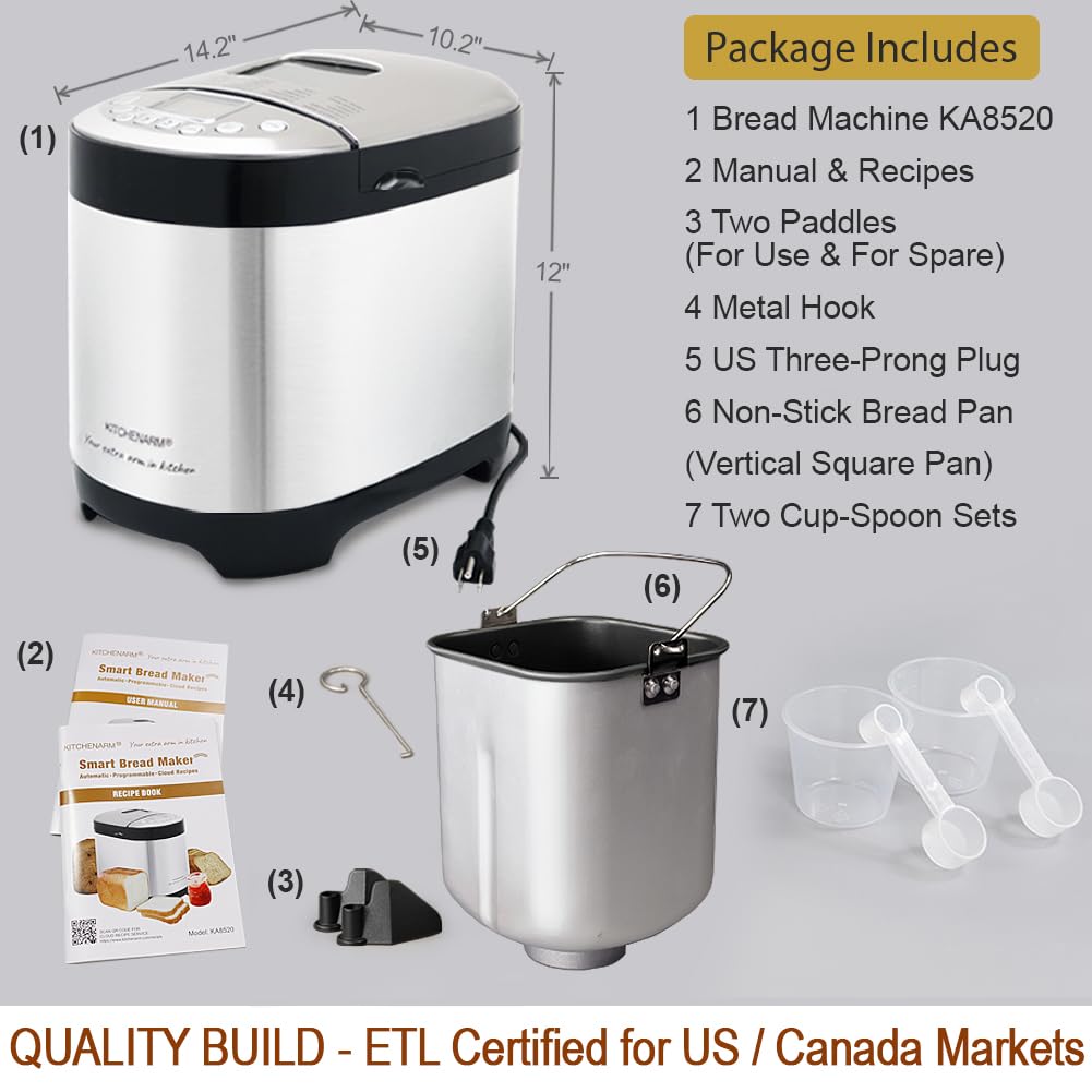 **KITCHENARM 29-in-1 Smart Bread Maker Machine with Gluten-Free Setting (2LB, 1.5LB, 1LB) - Stainless Steel Bread Maker with Homemade Cycle & Recipes - Perfect for Whole Wheat, White, and Artisan Bread Baking at Home**    *(Ideal for Home Bakers, Gluten-Free Diets, and Healthy Homemade Bread Lovers)*