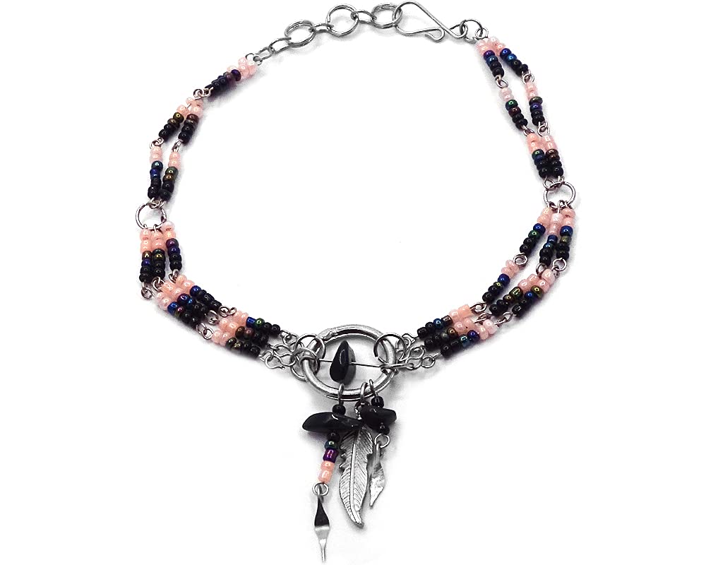 Handmade Boho Southwest Women's Anklet - Chip Stone Hoop Feather Charm Dangle Seed Beaded Metal Chain Jewelry | Perfect for Festival, Beach & Boho Fashion Accessories