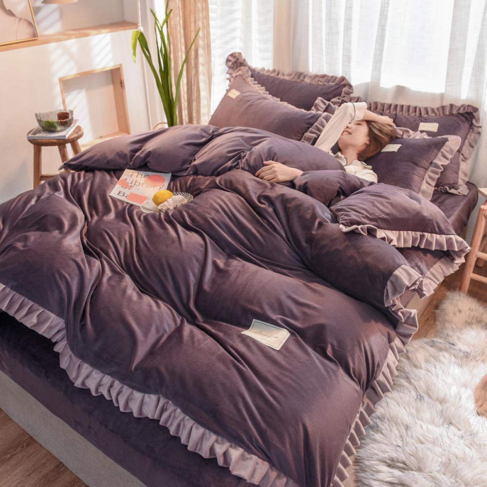 Luxury Queen Size Bed Sheet Set - 4 Piece Crystal Velvet Double Layer Lace Trimmed Flannel Sheets for Winter, Soft & Thickened Milk Velvet (Purple, 1.2m) - Perfect for Cozy Nights & Cold Weather Comfort