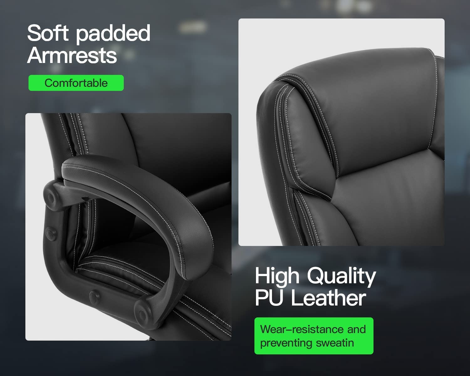 Big and Tall Office Chair - Ergonomic Executive Desk Chair with Wide Seat (400lbs Capacity), PU Leather, Lumbar Support & Adjustable Arms - Mid Back Computer Task Chair for Home & Office (Black)