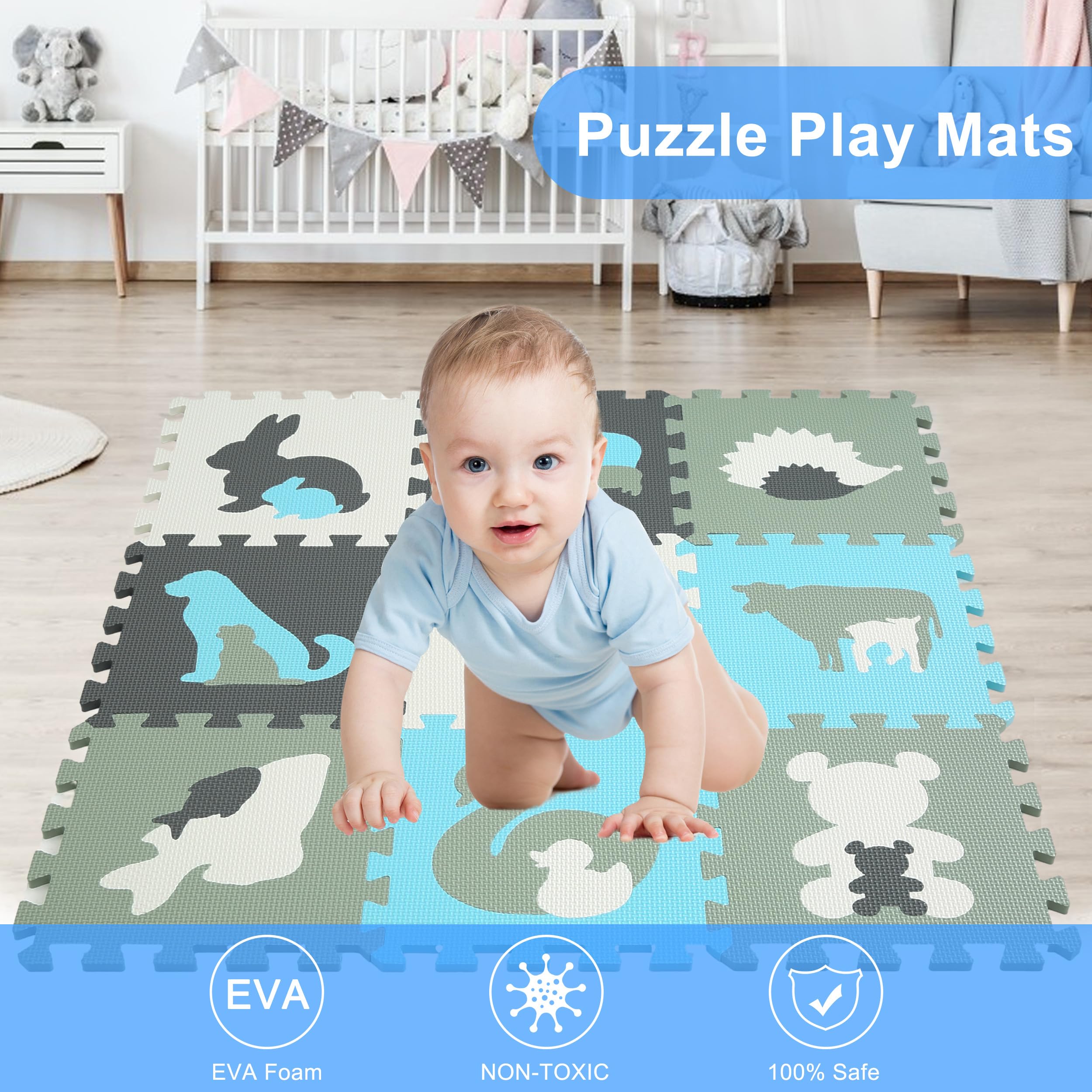 Non-Toxic Foam Play Mat for Babies & Toddlers - 9-Piece Interlocking Puzzle Floor Tiles with Animal Designs - Safe Crawling & Play Area for Nursery, Daycare, or Living Room - Perfect for Learning, Playtime & Child Development
