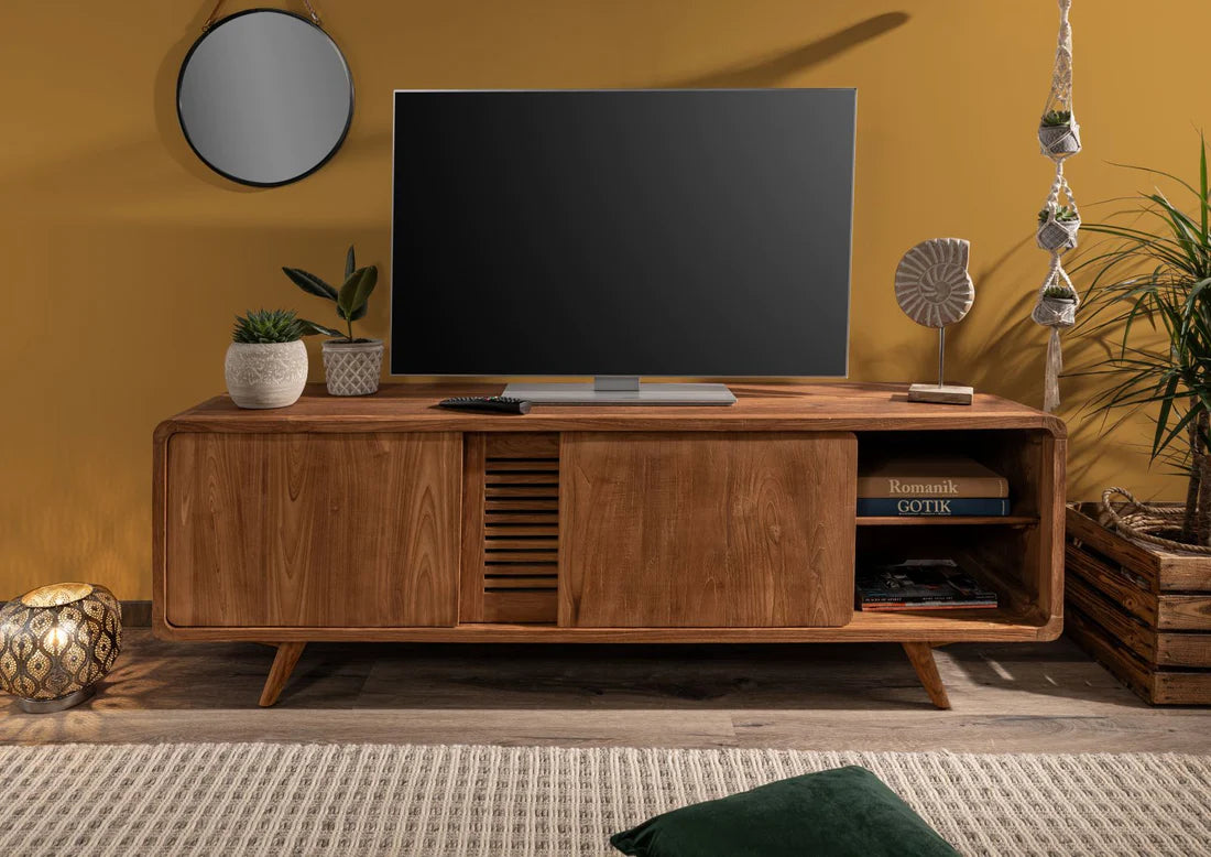 Premium Solid Acacia Wood TV Stand with 3 Doors - 180x45x60Cm Modern Entertainment Center for Living Room, Bedroom & Home Theater