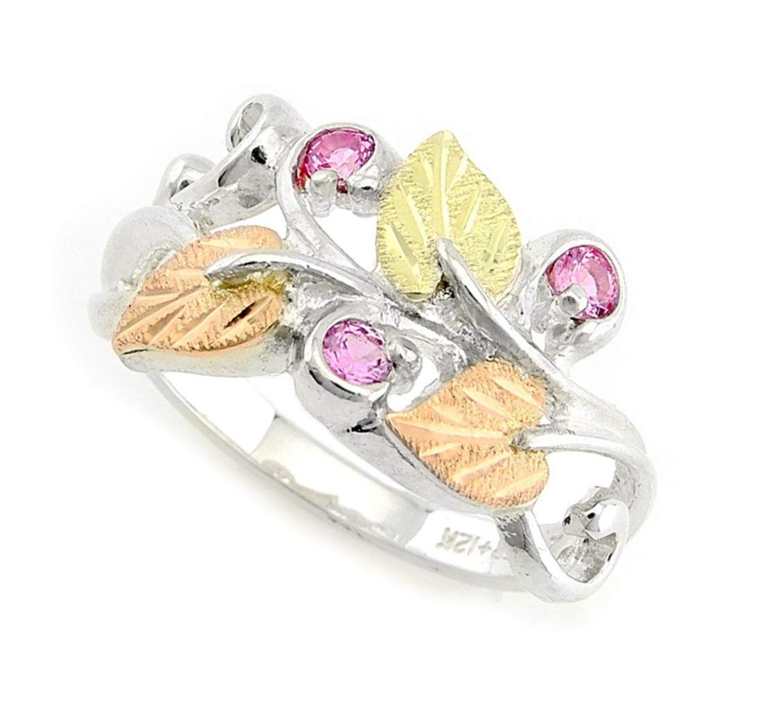 12k Green & Rose Black Hills Gold Rhodium-Plated Sterling Silver Synthetic Rose Zircon October Birthstone Ring | Elegant Gift for Anniversary, Birthday & Special Occasions