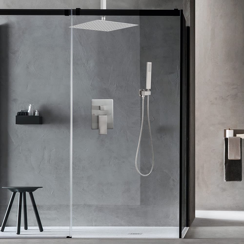 12 Inch Brushed Nickel Ceiling Mount Luxury Rain Shower System - Complete Bathroom Shower Combo Set with Rainfall Shower Head, Faucet, Rough-in Valve & Trim Kit for Spa-Like Experience
