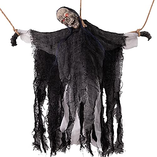 Scary Sound-Activated Hanging Ghost Halloween Decorations - Indoor/Outdoor with Red Glowing Eyes & Creepy Screams - Perfect for Halloween Patio, Yard, and Party Decor (50x40cm, Black)