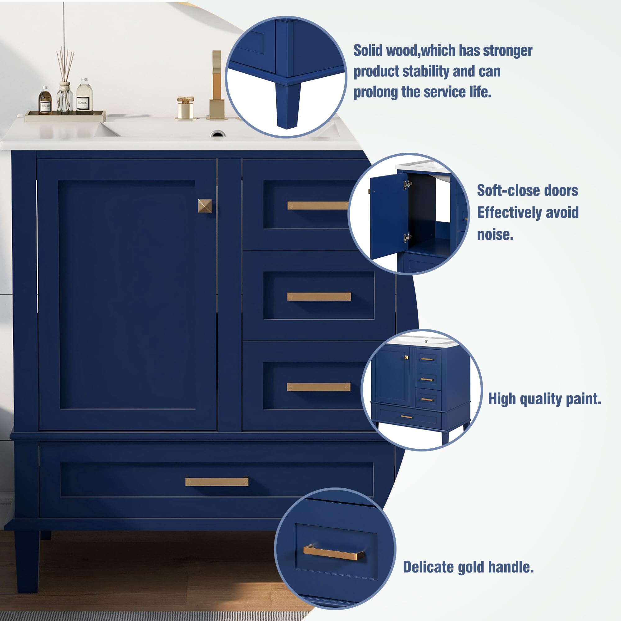 **30-inch Navy Blue Bathroom Vanity with Sink - Solid Wood Cabinet, 2 Drawers + 1 Tip-Out Drawer, Soft-Close Doors, Easy Assembly - Perfect for Modern & Coastal Bathroom Decor**
