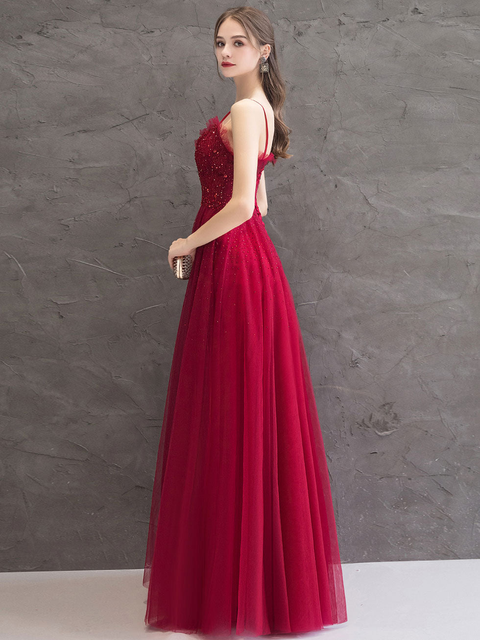 Elegant Burgundy Tulle Sequin Long Prom Dress | Formal Evening Gown for Homecoming, Wedding, Ball | Perfect for Special Occasions & Red Carpet Events