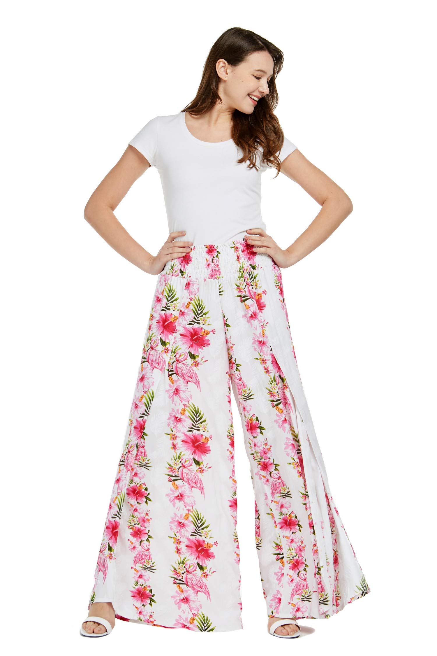 Hawaiian Luau Matching Outfit Set - Pink & White Hibiscus Vine Mother Daughter Pants and Ruffle Dress for Beach Party, Family Vacation & Tropical Photo Shoots