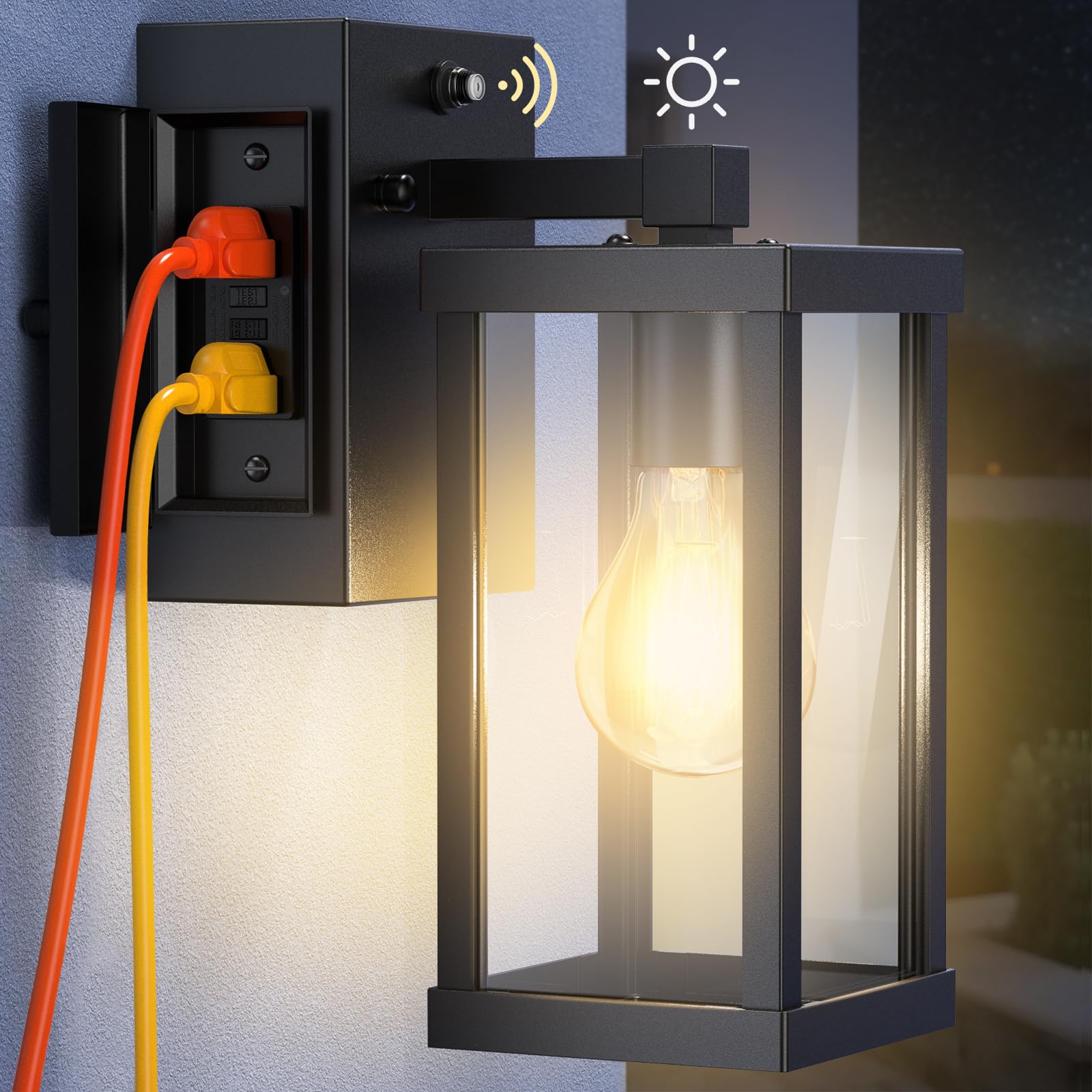 Dusk to Dawn Outdoor Porch Light with GFCI Outlet - Waterproof Wall Sconce for House, Patio, Garage & Hallway | Energy-Efficient Exterior Lighting for Enhanced Safety & Convenience