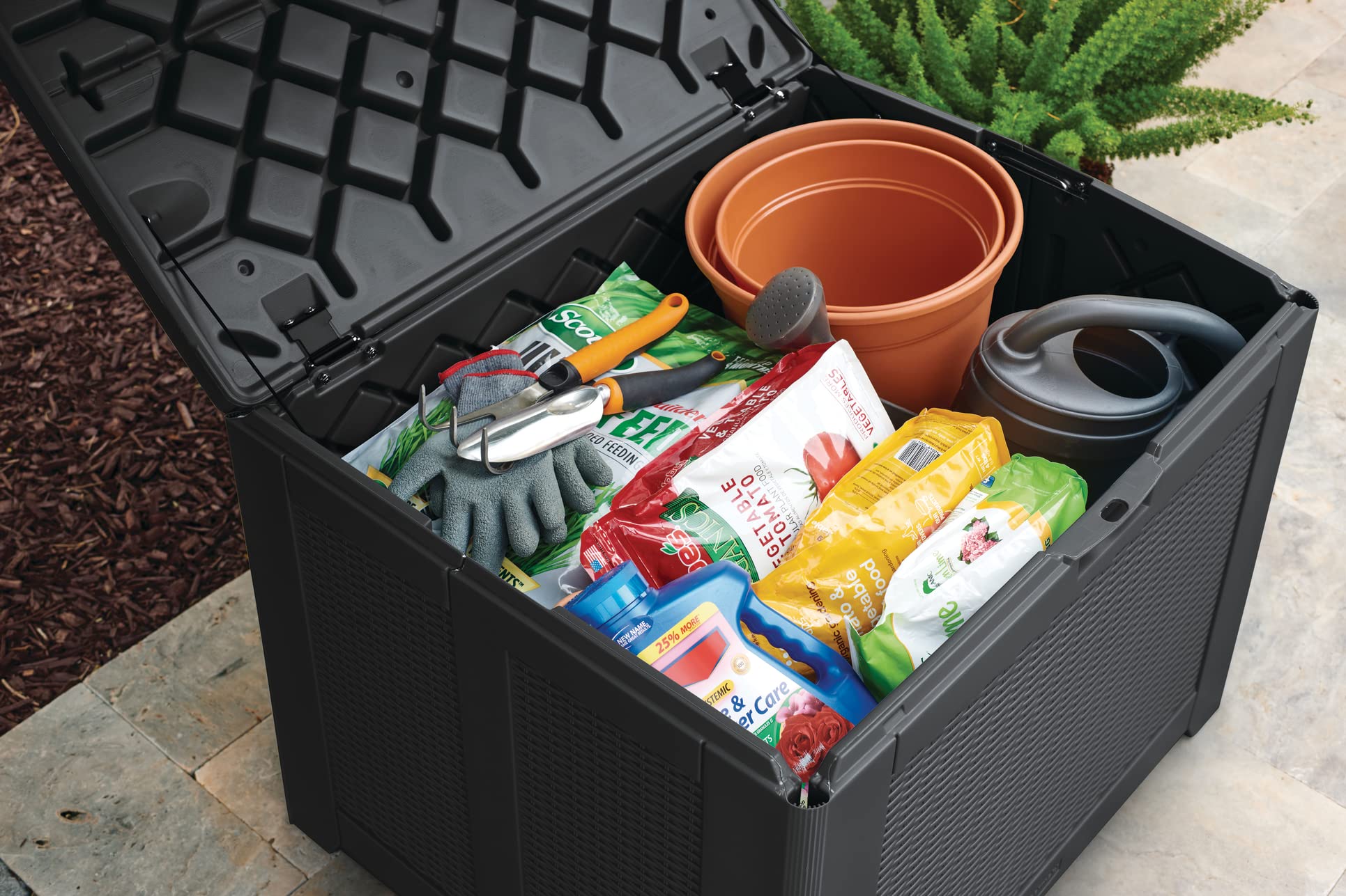 Rubbermaid 74 Gallon Medium Resin Outdoor Storage Deck Box - Weatherproof Black Deck Organizer for Pool Toys, Garden Tools, Patio Cushions & Backyard Essentials | Perfect for Poolside, Patio, Garage & Outdoor Storage