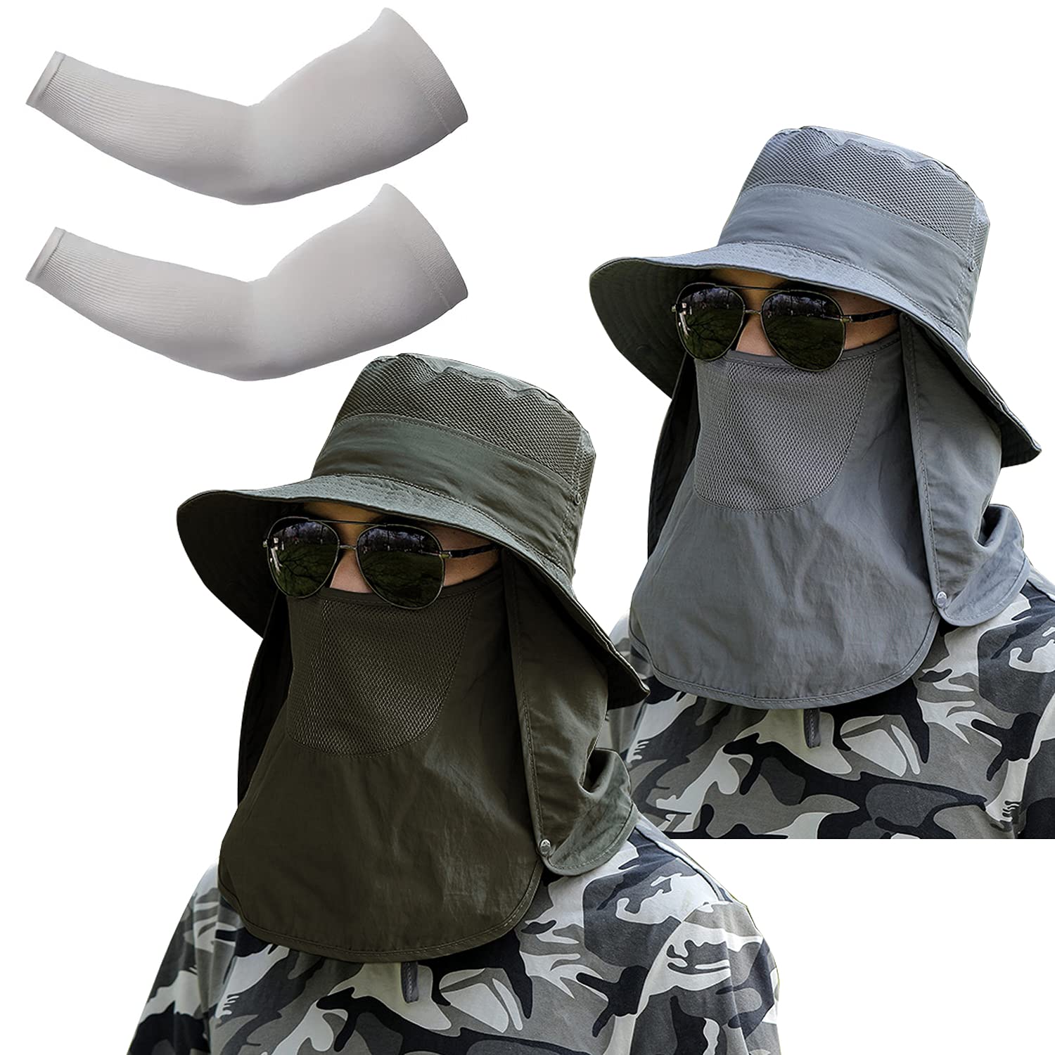 Men's Sun Protection Fishing Hats & UV Compression Arm Sleeves - Breathable UPF 50+ Outdoor Gear for Fishing, Hiking, and Sports