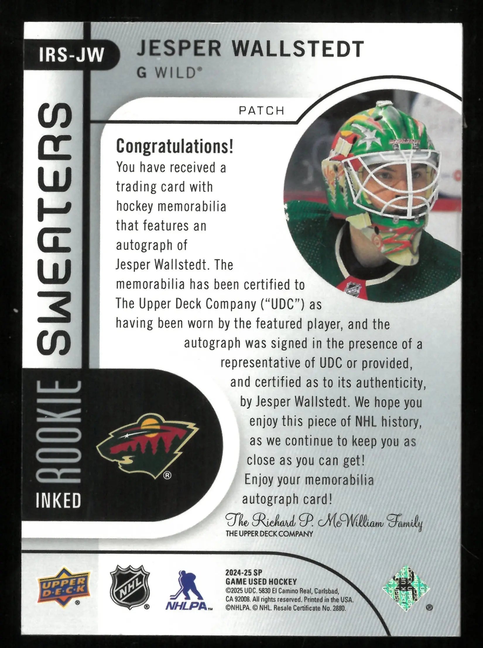 2024 Upper Deck SP Game Used Jesper Wallstedt Rookie Sweaters Autograph Card /35 - NHL Hockey Collectible for Fans & Investors