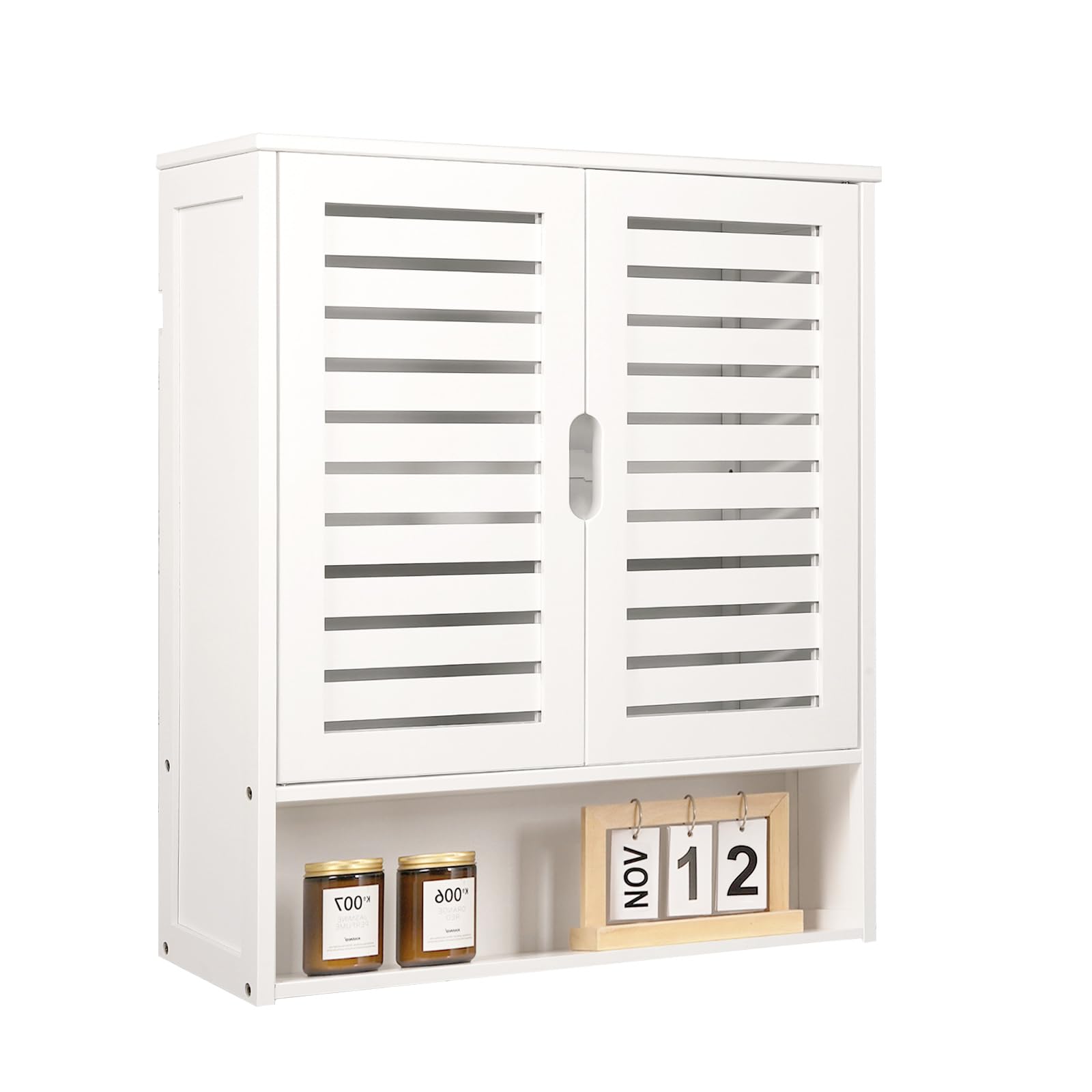White Bamboo Wall Cabinet with Double Doors - Bathroom Storage Organizer, Kitchen & Living Room Wall Mounted Cabinet - Perfect for Bathroom Essentials, Kitchen Supplies & Home Decor Organization