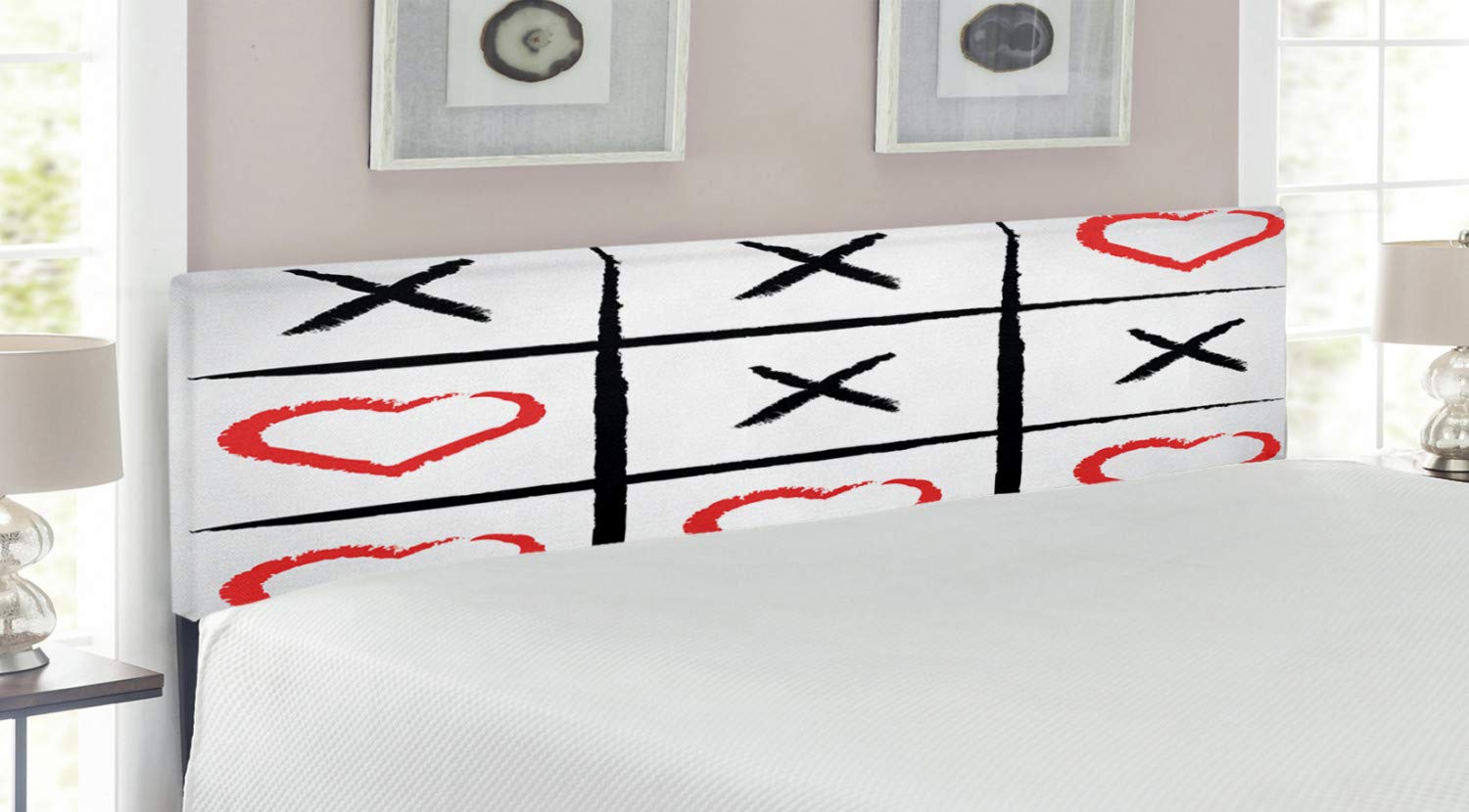 Ambesonne Xo Headboard - King Size Upholstered Metal Bed Frame with Memory Foam, Minimalist Love Game & Valentine's Humor Design in Vermilion Pale Grey - Perfect for Romantic Bedrooms, Couples' Gift, and Valentine's Day Decor