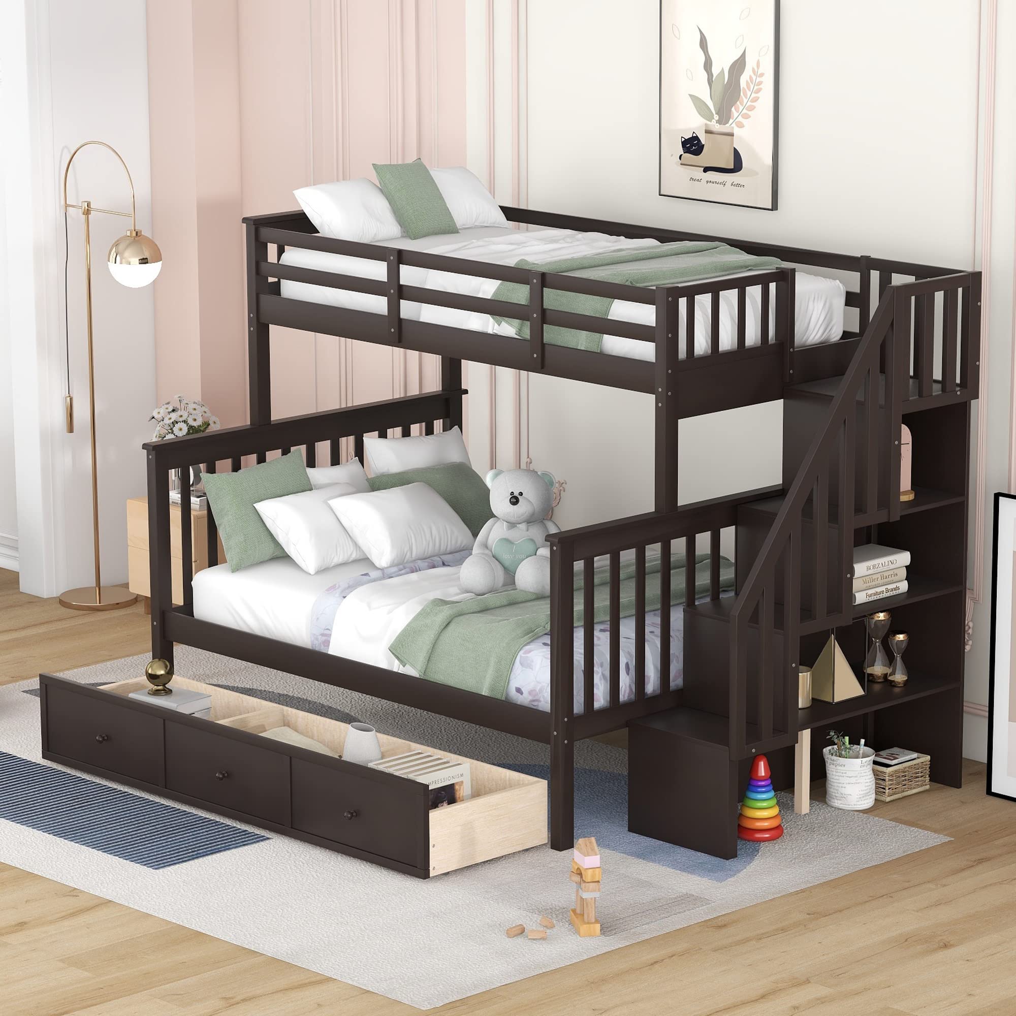 Twin Over Full Bunk Bed with Stairs and Storage - Wooden Stairway Bunk Bed with Drawers & Shelves for Bedroom, Dorm, Kids Room - Espresso Finish - Space Saving Furniture for Small Rooms & Shared Spaces