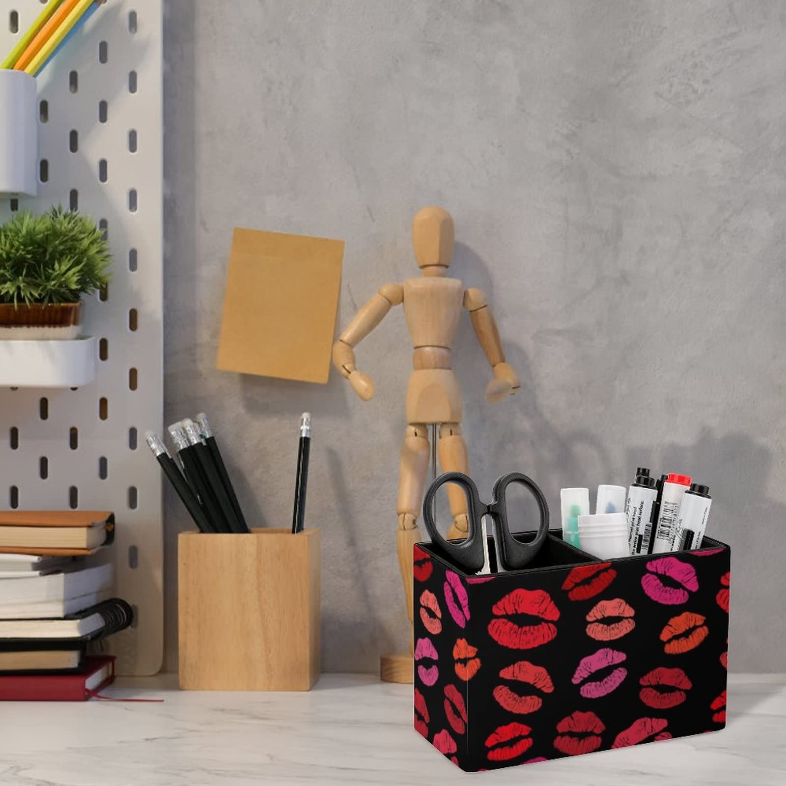 Red Lipstick Kiss Pen Holder - Leather Desk Pencil Organizer for Office, School & College | Stylish Makeup Brush & Pen Storage | Perfect for Workstations, Study Desks & Vanity Tables