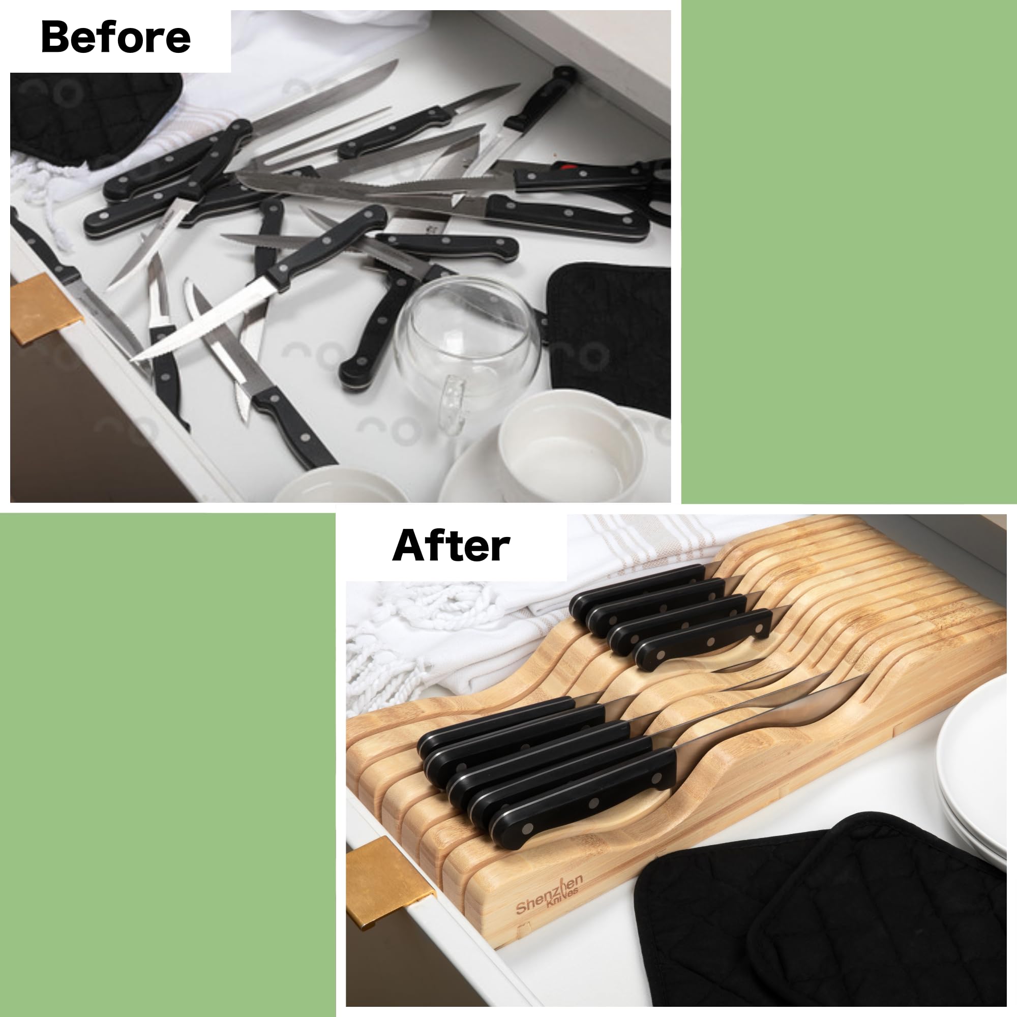 Large Bamboo Knife Block - 15 Slot Drawer Organizer for Kitchen Knives Storage
