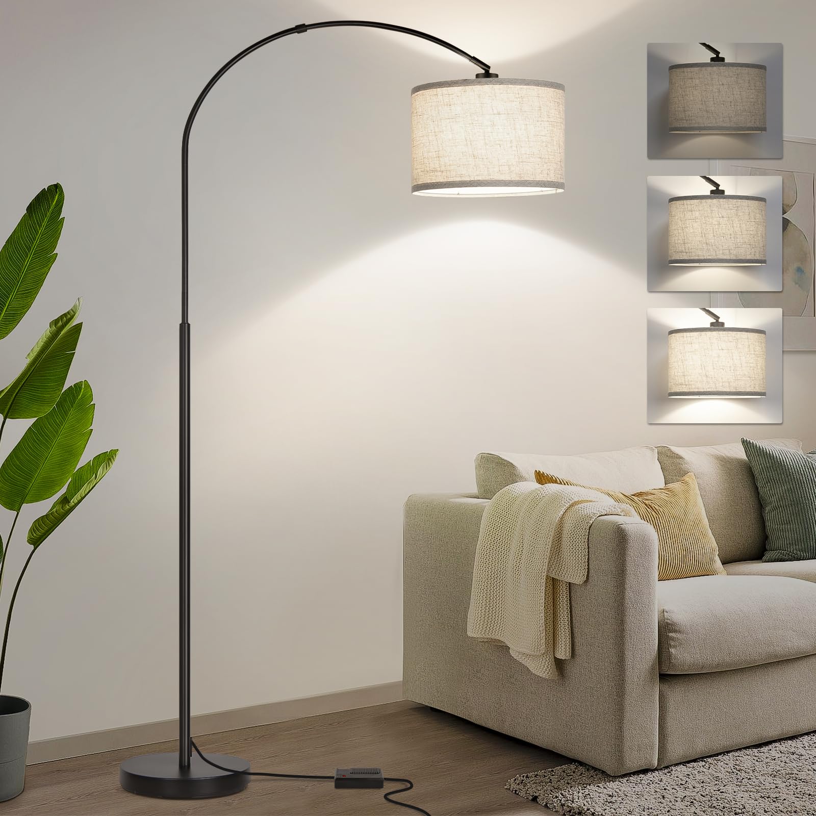 Dimmable Arc Floor Lamp with Adjustable Hanging Shade - 9W LED Bulb Included - Modern Black Standing Lamp for Living Room, Bedroom - Perfect Over Couch Tall Reading Light & Ambient Lighting