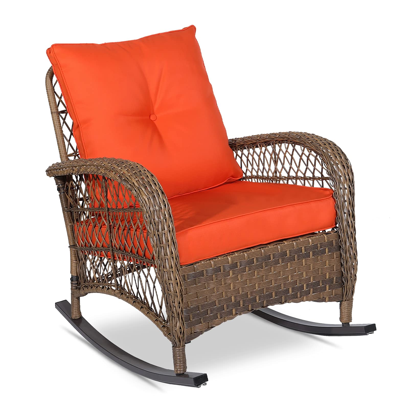 VIVIJASON All-Weather Outdoor Wicker Rocking Chair with Cushions - Patio Rattan Rocker Chair with Durable Steel Frame - Comfortable Garden Backyard Porch Furniture for Relaxing (Orange) - Perfect for Sunbathing, Reading & Enjoying Morning Coffee