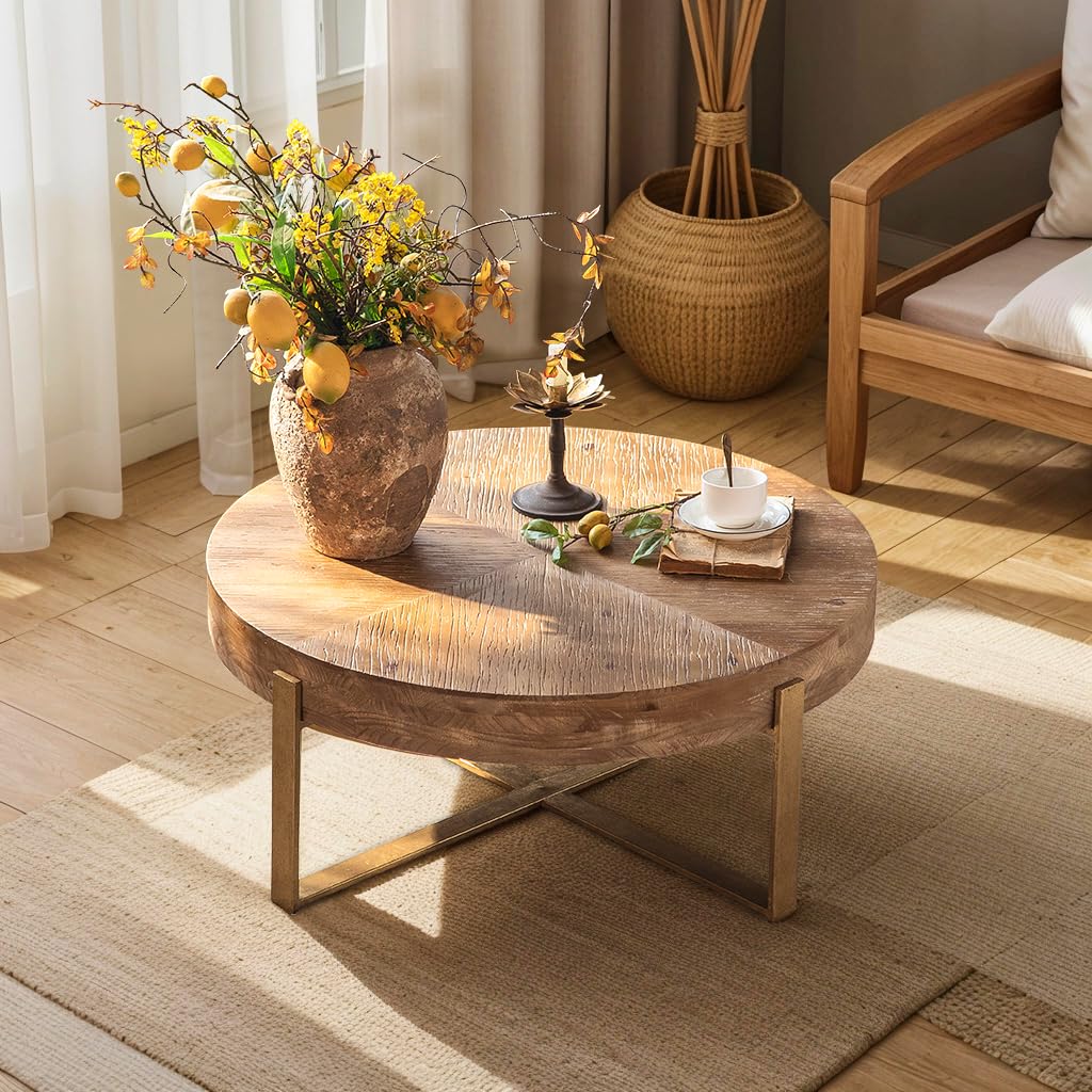 Round Wood Coffee Table with Metal Legs - 32