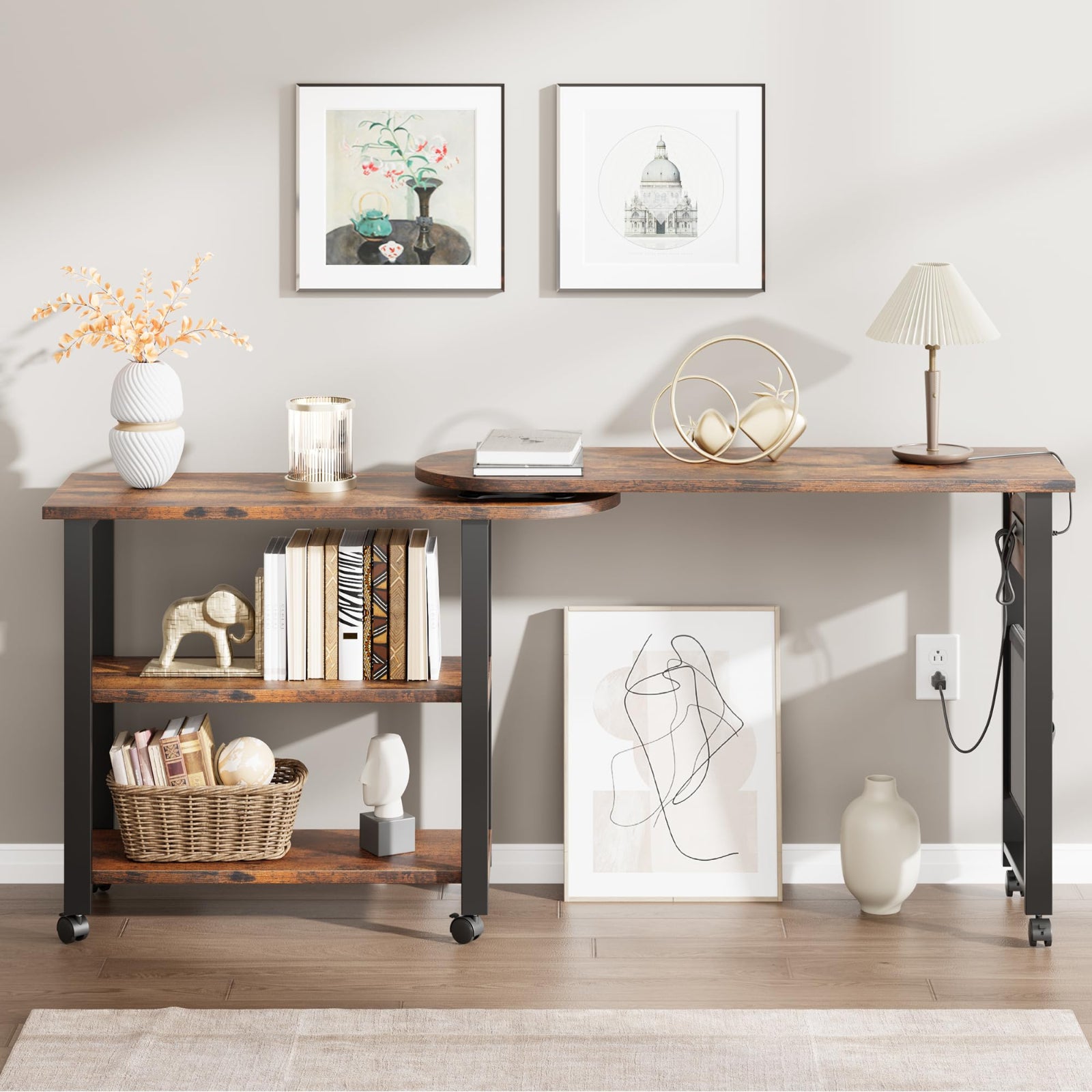 GARVEE 360° Rotatable End Table with USB Charging Station, Extra Storage Shelf & Lockable Wheels - Modern MDF & Metal Side Table for Bedroom, Living Room, Office - Perfect Nightstand for Phones, Books & Bedside Essentials